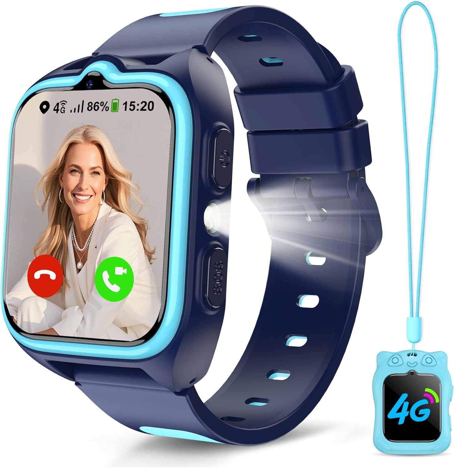 blackview Kinder Smartwatch 4G GPS – Telefon, Videochat, SOS, Ortung, Schulmodus Smartwatch (1.75" Zoll) Packung, 1-tlg., 1×Smartwatch, 1xHalsband, 1 Ladekabel, 1 Bedienungsanleitung (DE), GPS+WLAN+LBS Ortung, 800 mAh,LED-Taschenlampe,Mit SIM-Kartensteckplatz