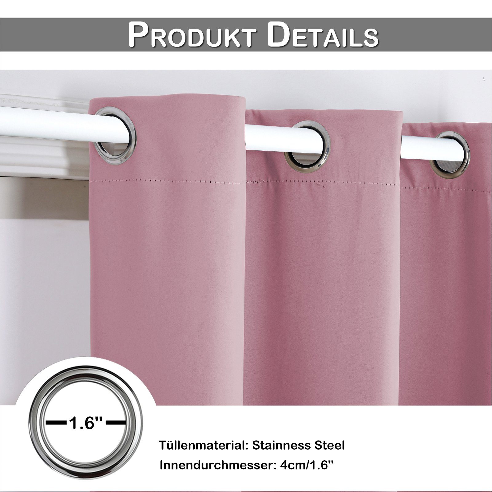 BTTO, Gardinen Rosa Thermo ösen Blickdicht 132x203cm/132x244cmThermovorhang Vorhang 3 6 Türvorhang Farben, Verdunkelungsvorhang Größen,