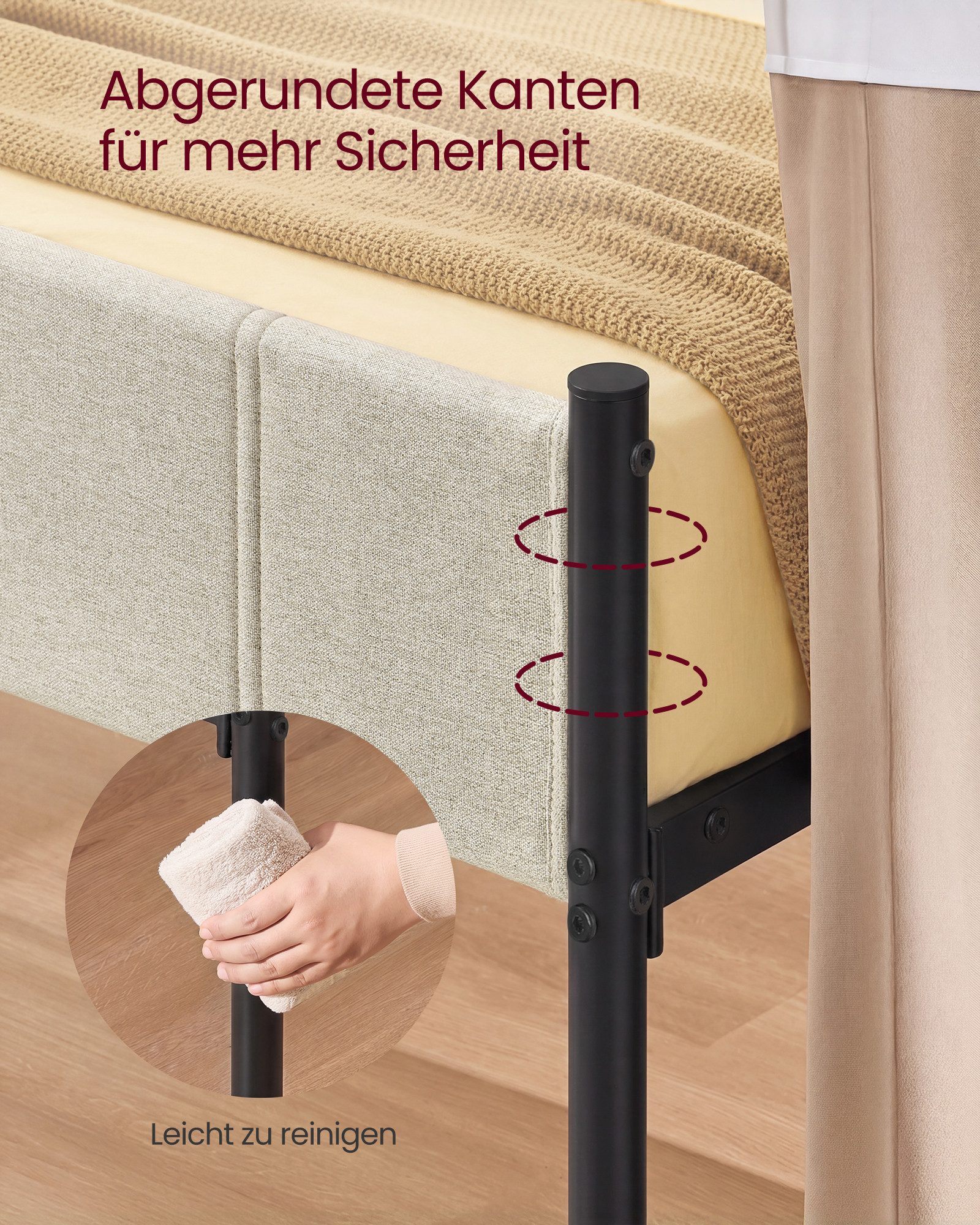 VASAGLE Polsterbett, mit gepolstertem Kopfteil, hochtragfähig, mehrere Größen verfügbar