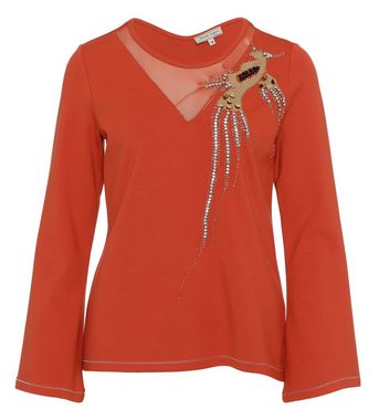 Sarah Kern Langarmshirt Sweatshirt figurumspielend mit Vogelmotiv aus Pailletten und Schmucksteinen