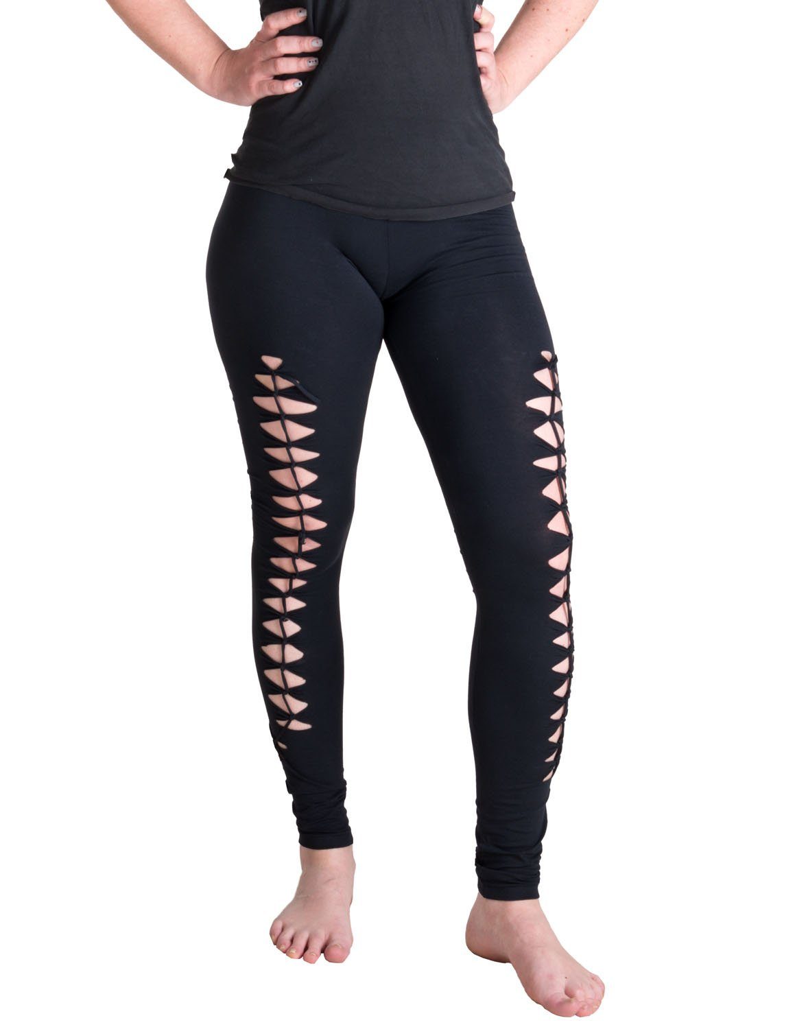 Vishes Leggings Geknüpfte Cutwork Leggings Goa, Baumwolle Yoga, schwarz Style Streifen Ethno aus mit