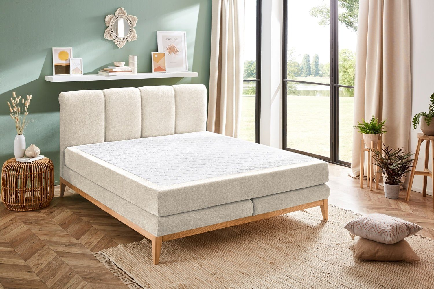 Sun Garden Boxspringbett WEIMAR, 180 H2 Härtegrad Eichenholzgestell, ohne Webstoffbezug, 200 Topper, Creme, x cm