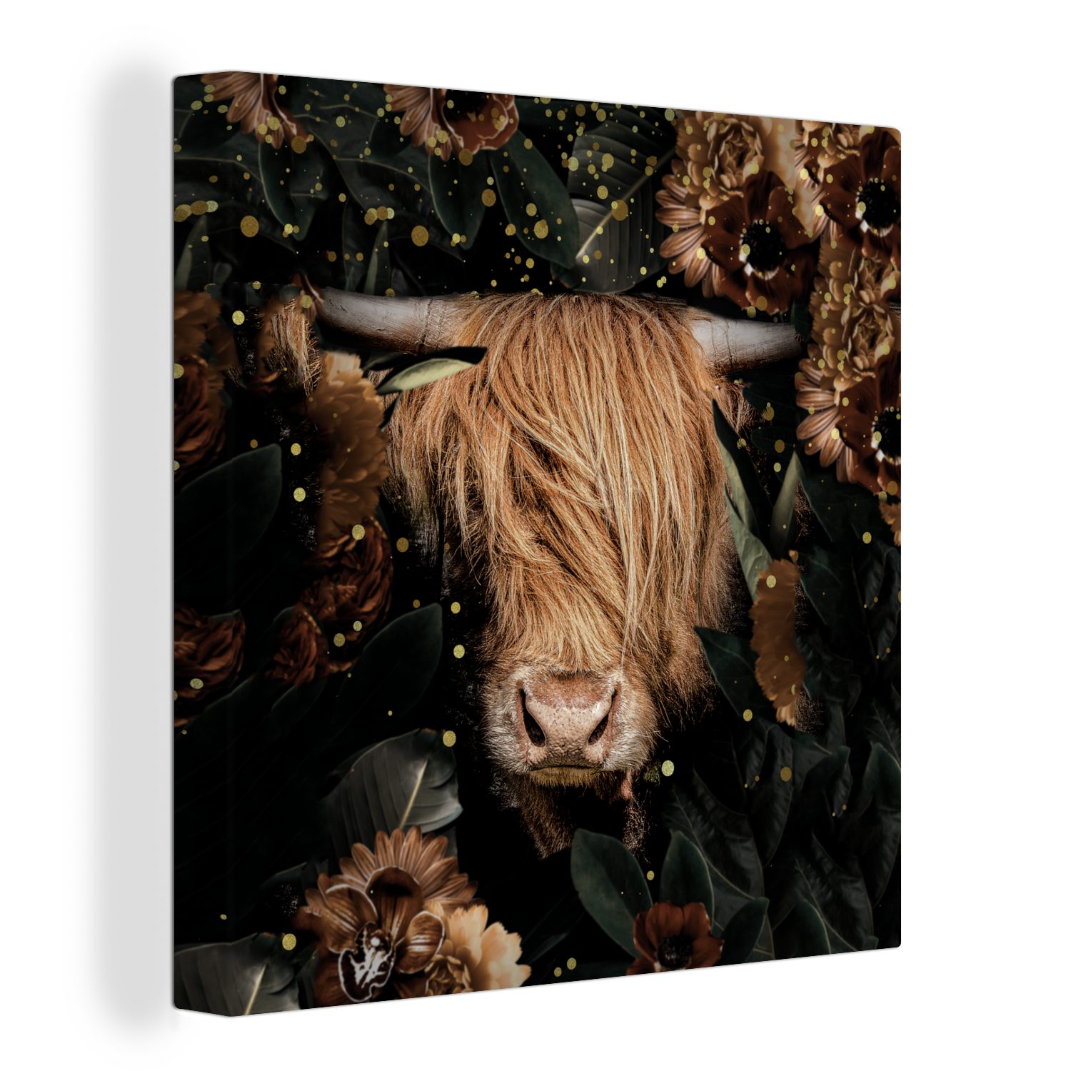 OneMillionCanvasses® Leinwandbild Schottischer Highlander - Tiere - Blumen - Licht, (1 St), Leinwand Bilder für Wohnzimmer Schlafzimmer