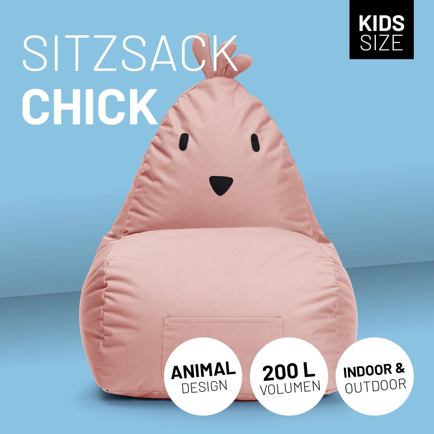 Kinder cm, Chick pflegeleicht Tier Sitzsack Kinderzimmer, Kindersitzkissen, niedliches im Wow Kissen Lumaland Pastellpink Effekt 80x75x75