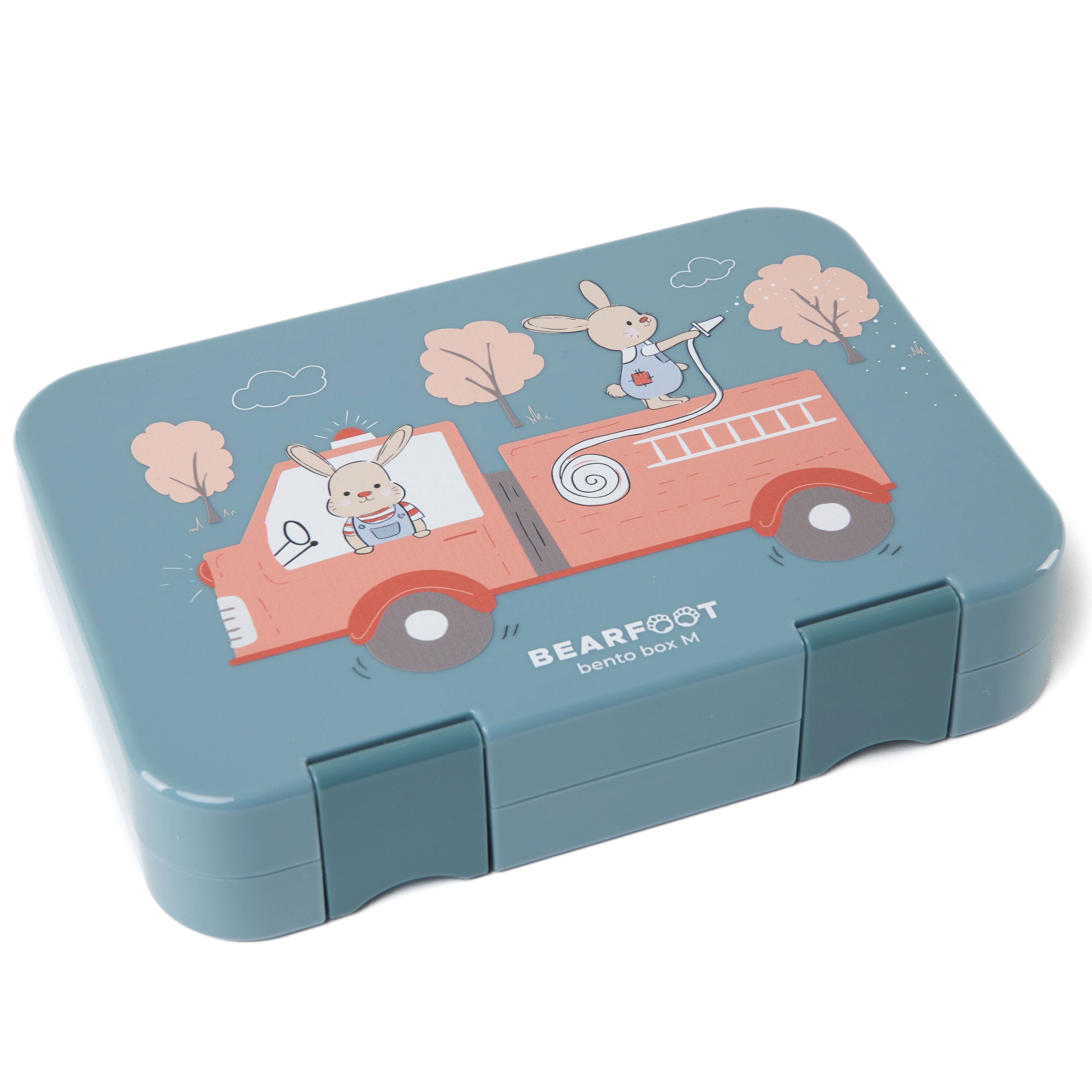 BEARFOOT Lunchbox Brotdose Kinder mit Fächern, Lunchbox, Bento box - Feuerwehr, handgezeichnete Designs, modular Feuerwehrhasen-blau