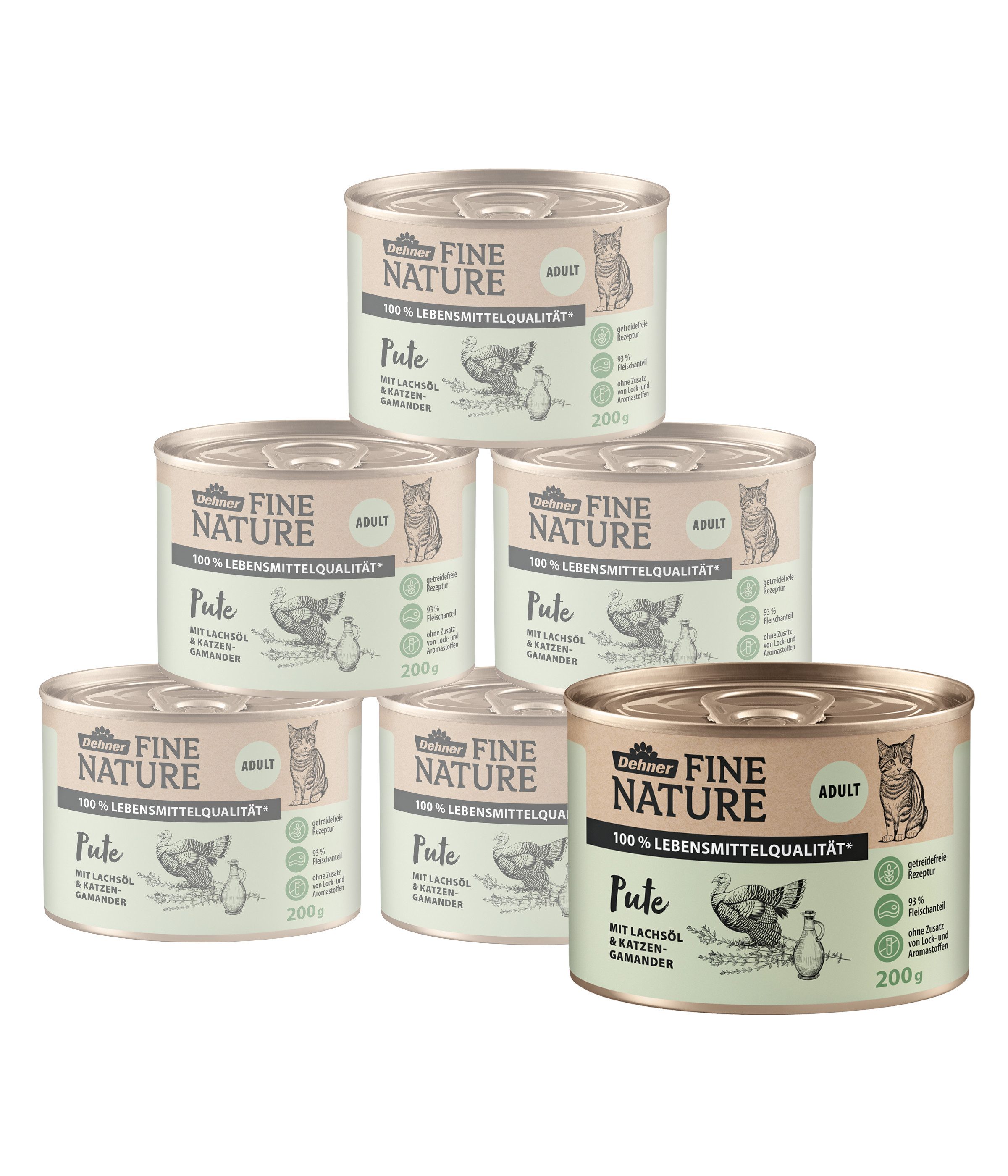 Dehner Fine Nature Adult Pute mit Lachsöl, 6 x 200 g / 400 g Dose Pute, 1200g, Nassfutter für ausgewachsene Katzen, getreidefrei