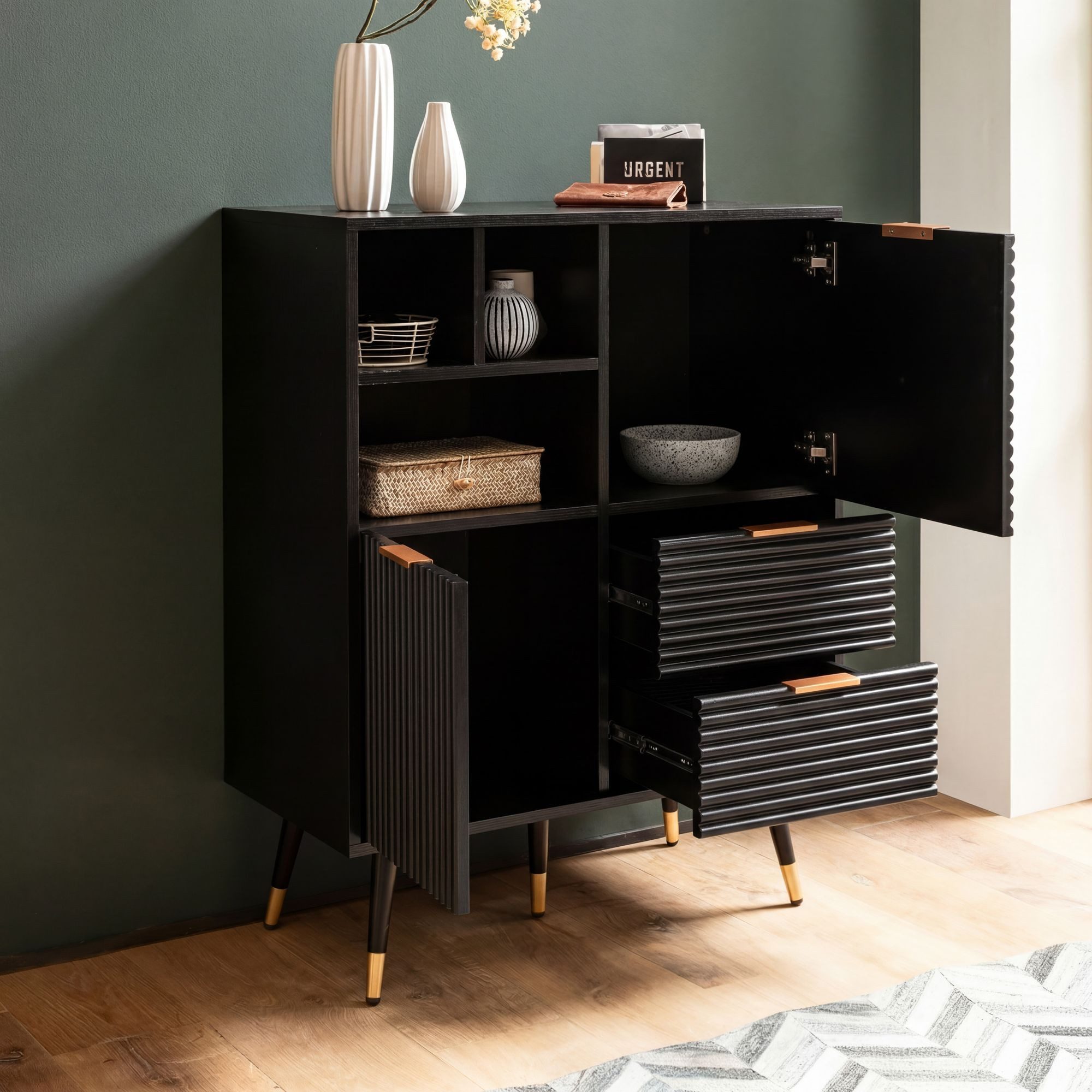 FineBuy Sideboard 77x97x40 cm Anrichte Schwarz mit Eiche-Dekor, Kommode mit Türen und Schubladen, Kommodenschrank Flurschrank mit Regal Modern, Standschrank Woh – Bild 2 von 5