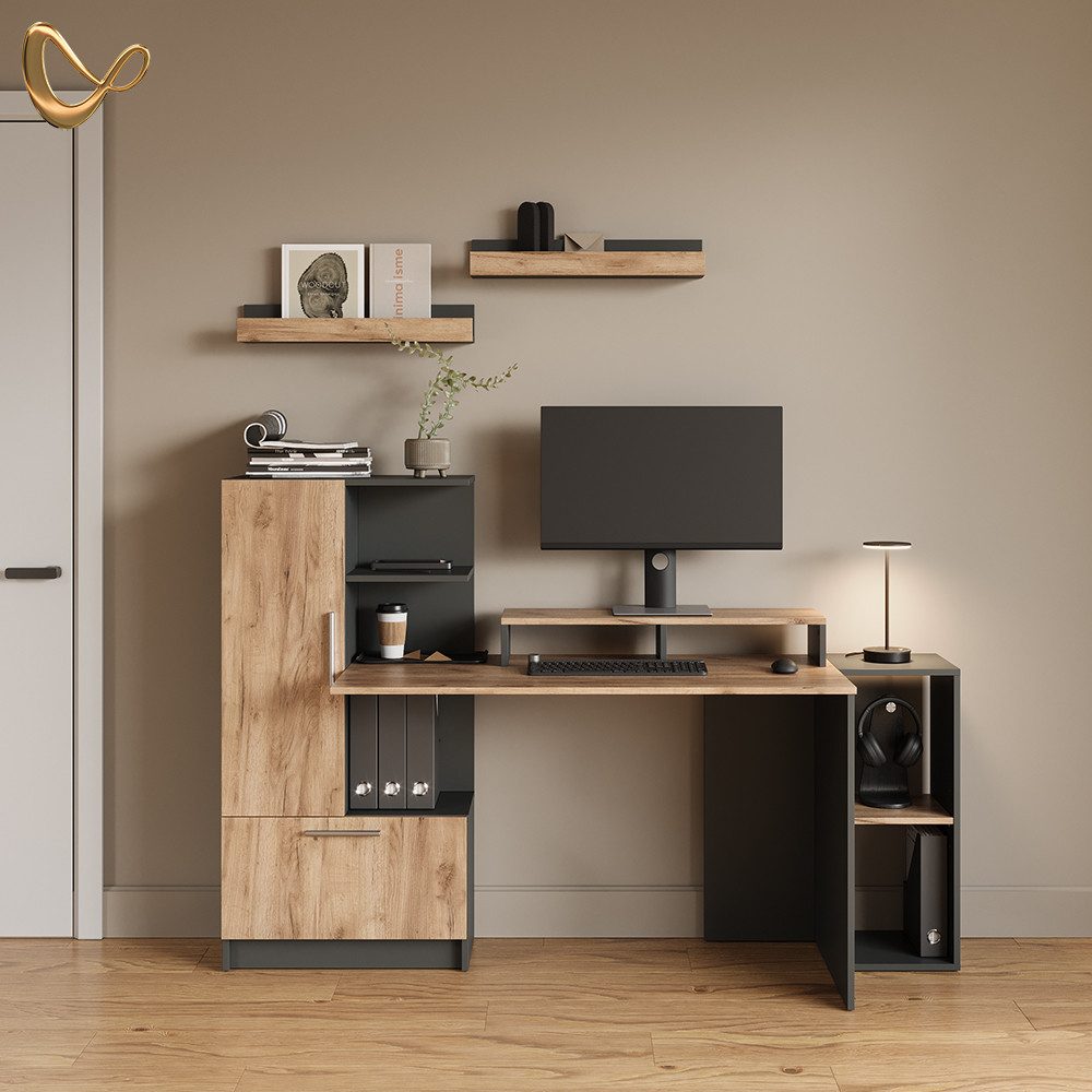 Livinity® Schreibtisch Lorena, Anthrazit/Goldkraft Eiche, 150 x 120.1 cm mit 2 Türen (1-St)