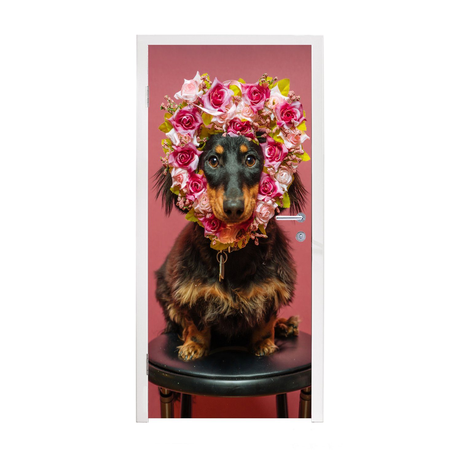 MuchoWow Türtapete Tier - Blumen - Hund, Matt, bedruckt, (1 St), Fototapete für Tür, Türaufkleber, 75x205 cm