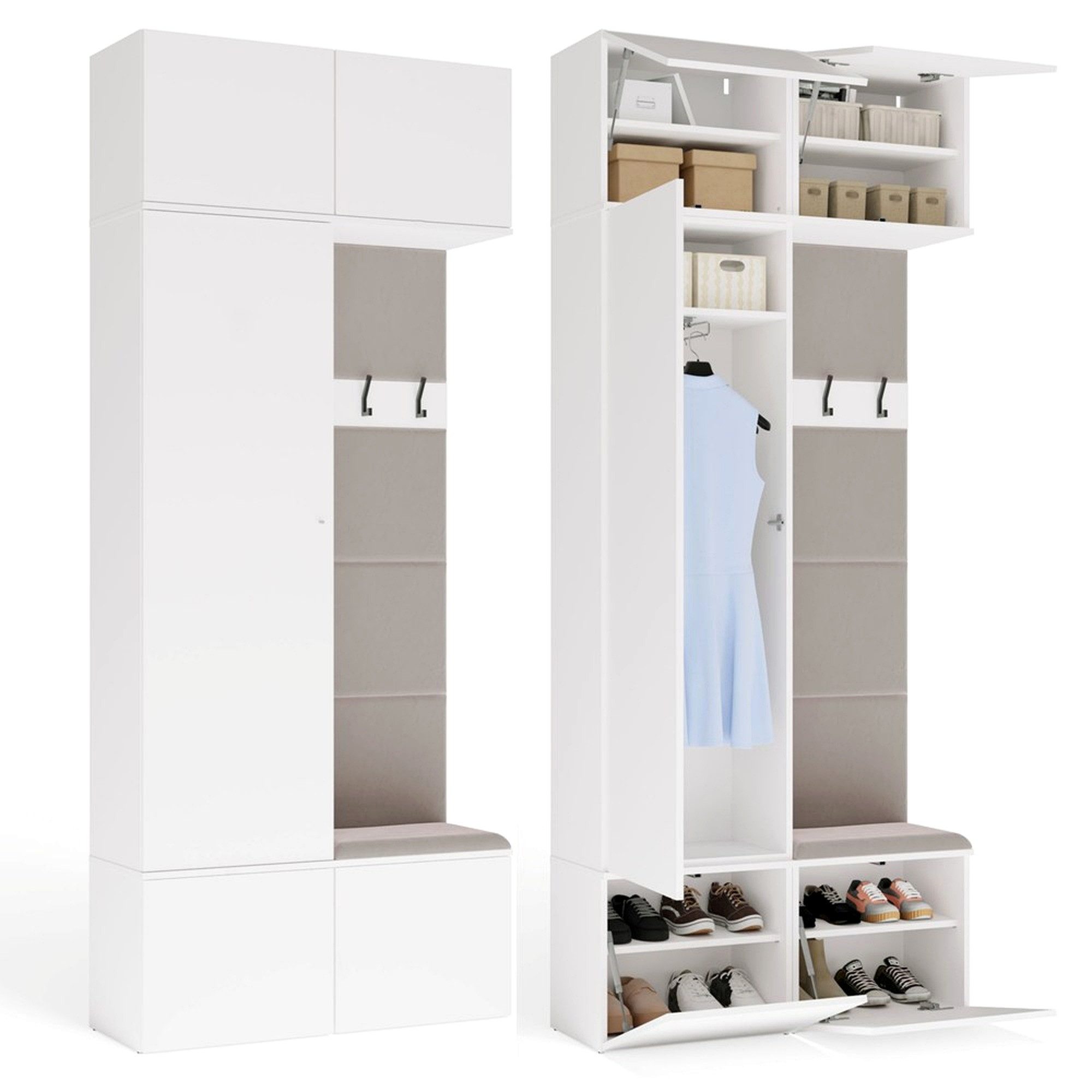ibonto Kleiderschrank Flurgarderobe mit Sitzbank Schuhschrank Haken weiß 100 cm