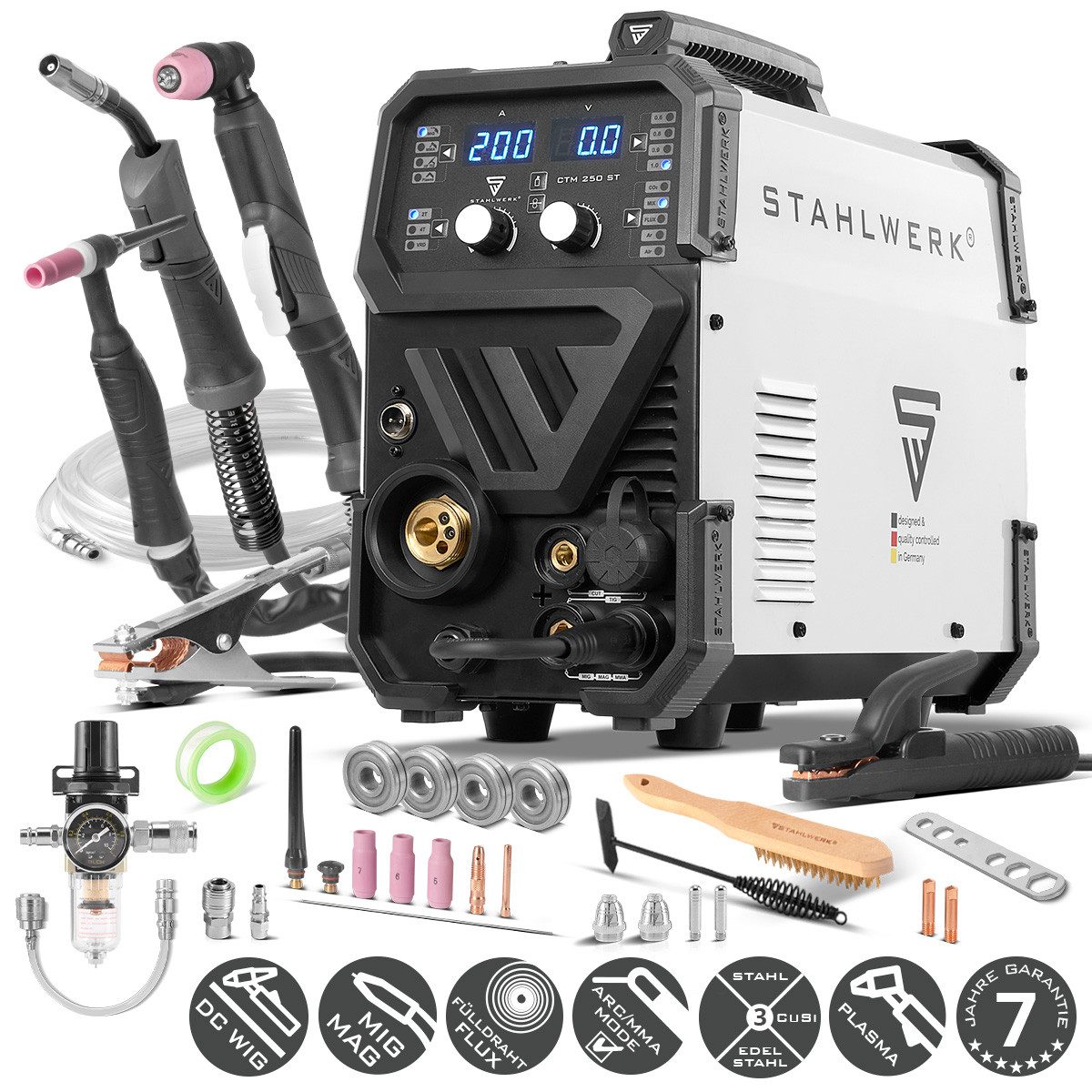 STAHLWERK Inverterschweißgerät Kombi Schweißgerät CTM-250 ST 200 A CUT WIG MIG MAG MMA, 10 - 200 A, Packung}, 20-tlg., Einzelgerät, Synergisches Kombi-Schweißgerät MIG MAG