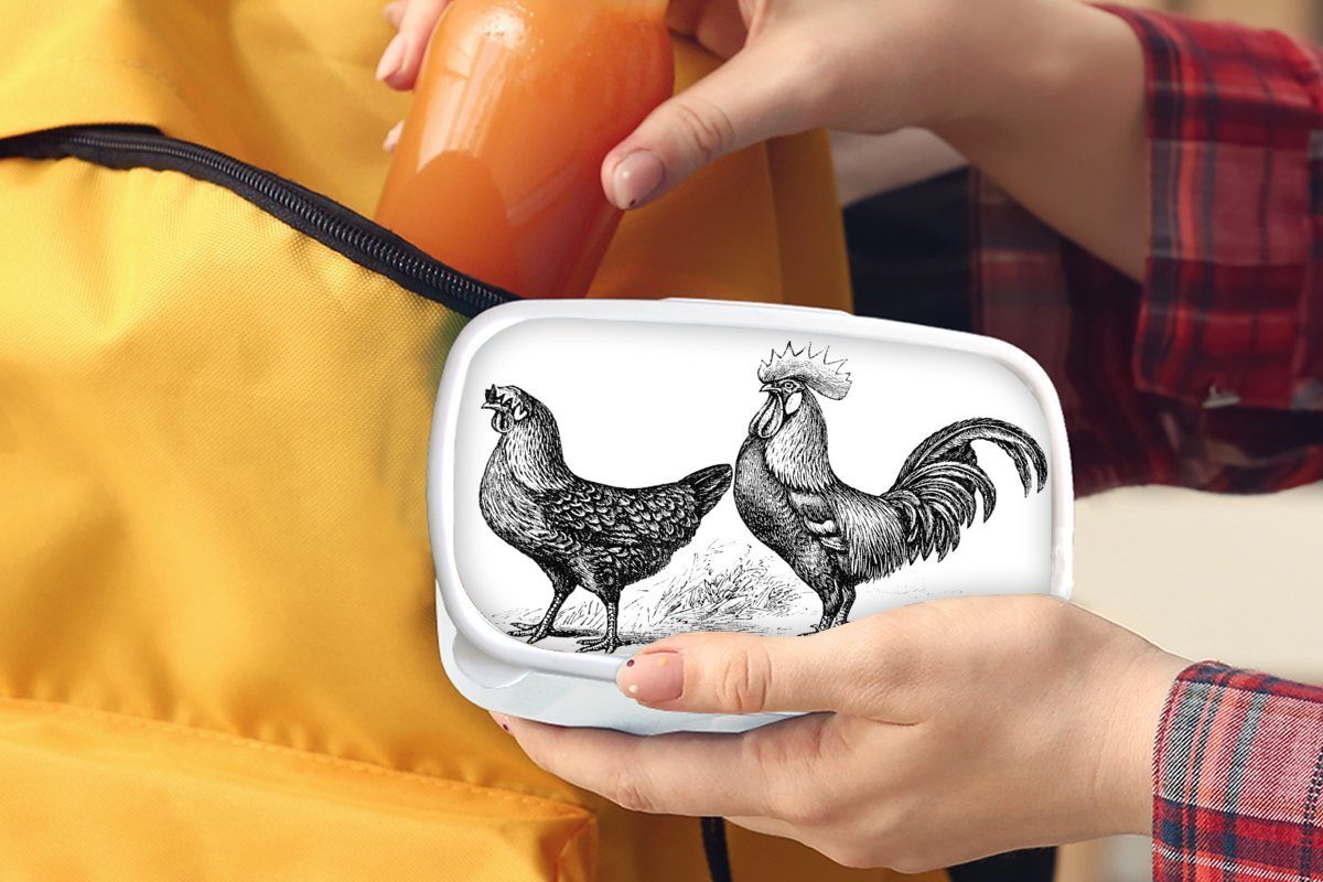Schwarz in Weiß, und Lunchbox Illustration Mädchen eines Brotbox MuchoWow Kunststoff, und Kinder und für für Huhns Erwachsene, und Brotdose, Jungs eines (2-tlg), Hahns