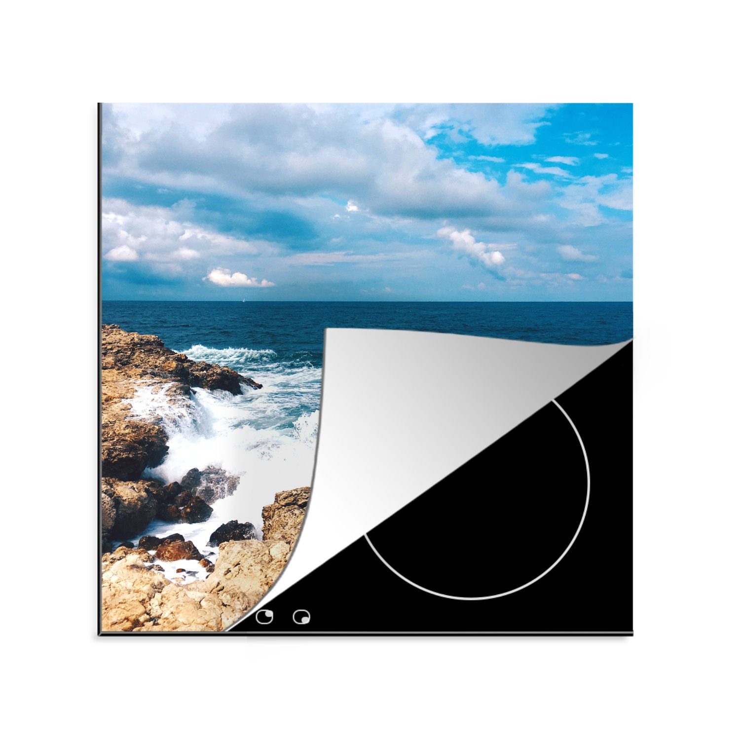 MuchoWow Herdblende-/Abdeckplatte Meer - Felsen - Ufer - Strand, Vinyl, (1 tlg), 78x78 cm, Ceranfeldabdeckung, Arbeitsplatte für küche