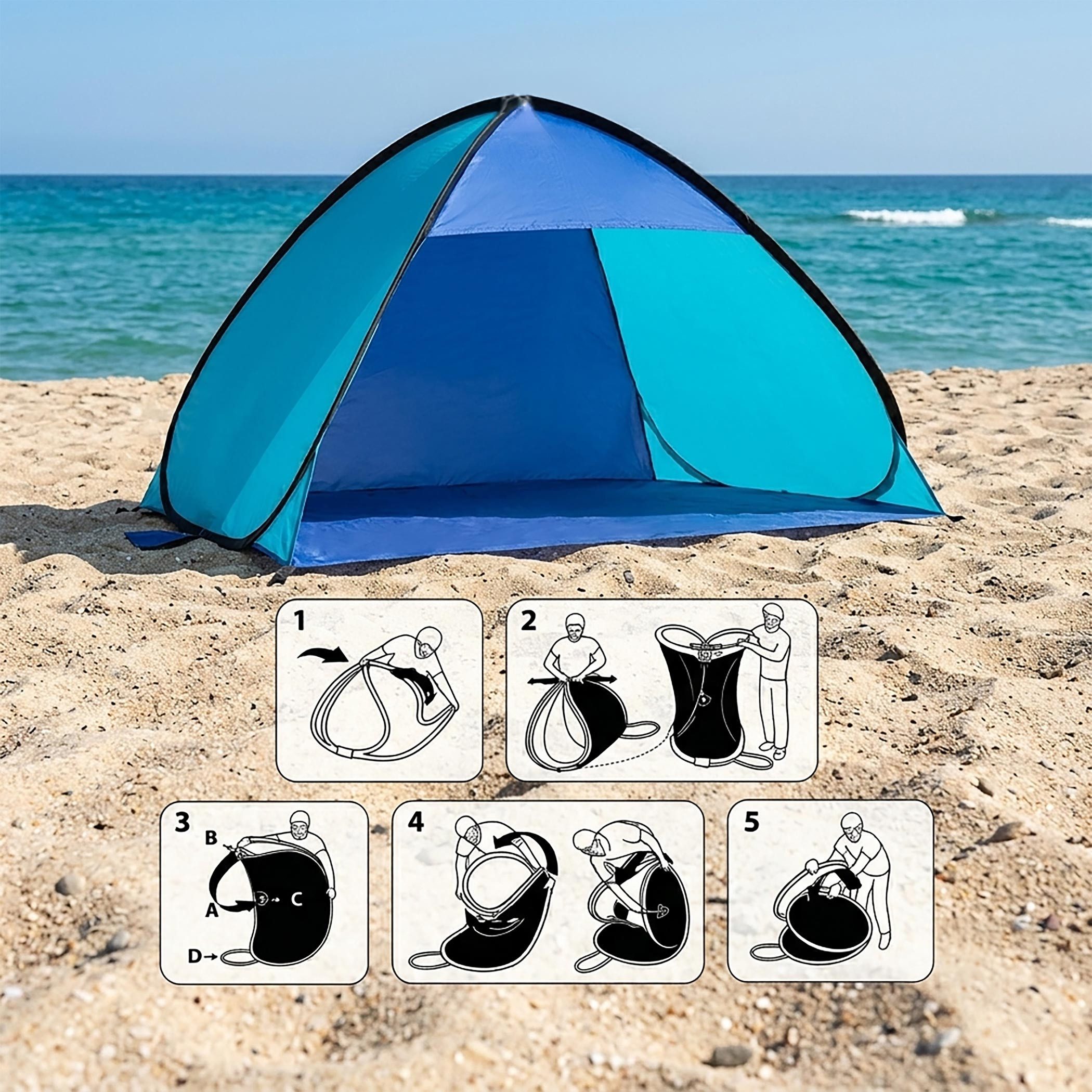Spetebo Strandmuschel Pop Up Strandzelt blau mit Tragetasche und Heringen - 210 x 110 cm, Personen: 4 (Packmaß von ca. Ø 50 x 4 cm, 1 tlg., Stück), UV 50+ Sonne – Bild 4 von 5