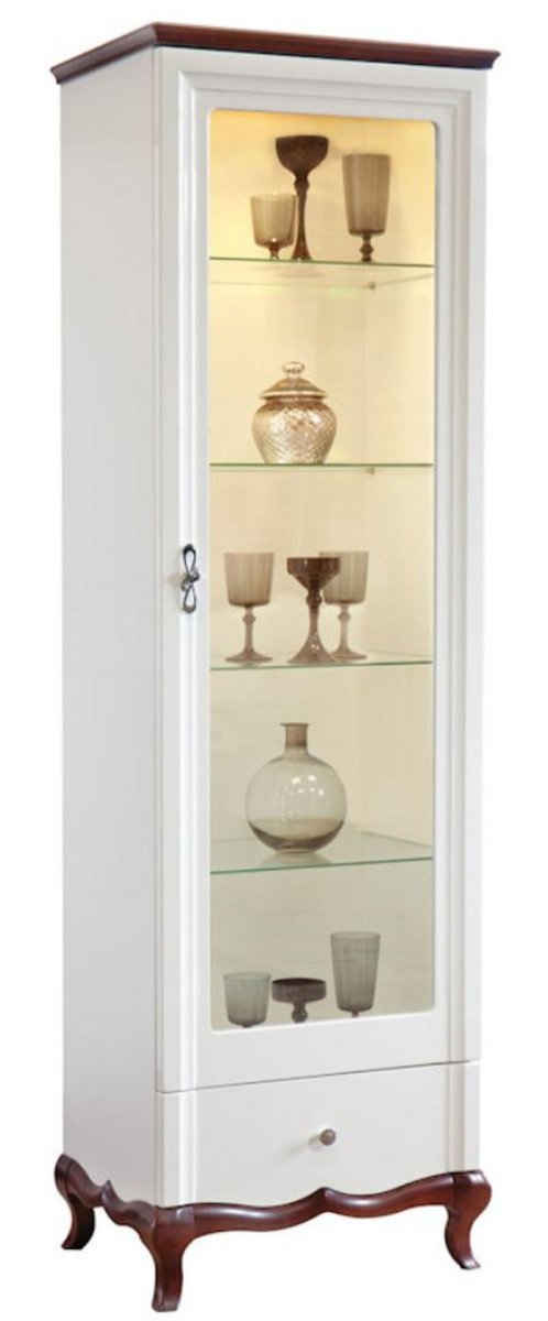 Casa Padrino Vitrine Luxus Art Deco Vitrinenschrank Weiß / Dunkelbraun 64 x 46,5 x H. 209,5 cm - Beleuchteter Wohnzimmerschrank mit Glastür und Schublade - Wohnzimmermöbel