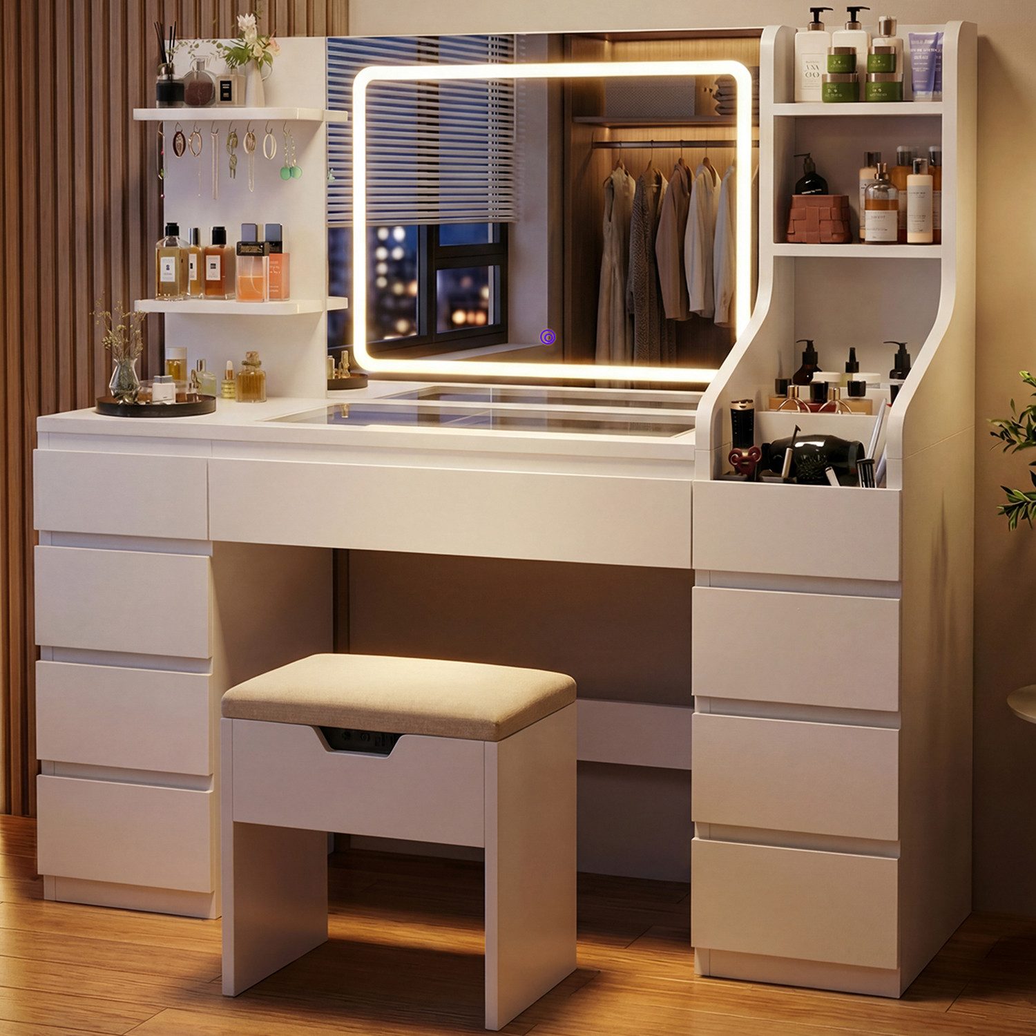 HOMALL Schminktisch Dreifarbiger, LED-beleuchteter Schminktisch Extra großer Stauraum (Maße: 135 × 40 × 137 cm, Arbeitsplatte aus gehärtetem Glas, mit 7 offenen Ablagefächern + 9 Schubladen, 2 Steckdosen + 1 USB-Anschluss + 1 Typ-C-Anschluss, Halterung fü