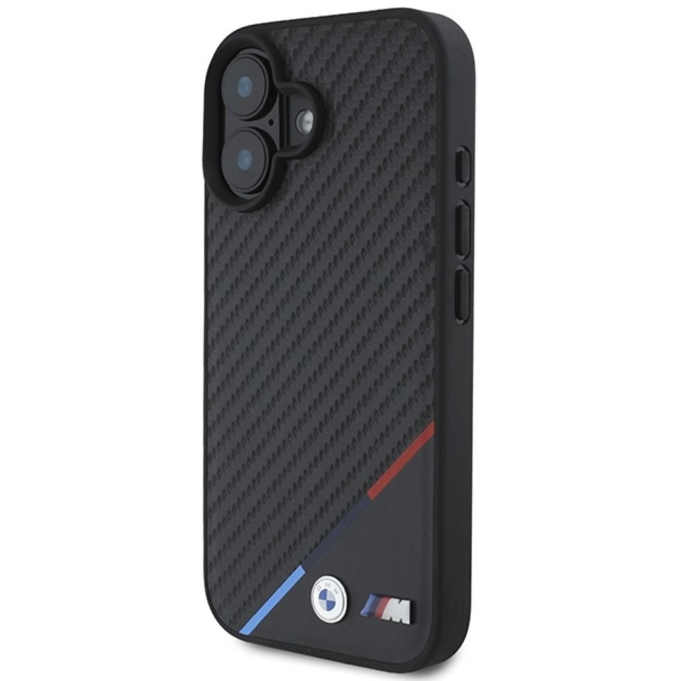 BMW Handyhülle iPhone 16 Plus Carbon-Look MagSafe Tricolor schwarz Logo Metall 6,7 Zoll, Kantenschutz