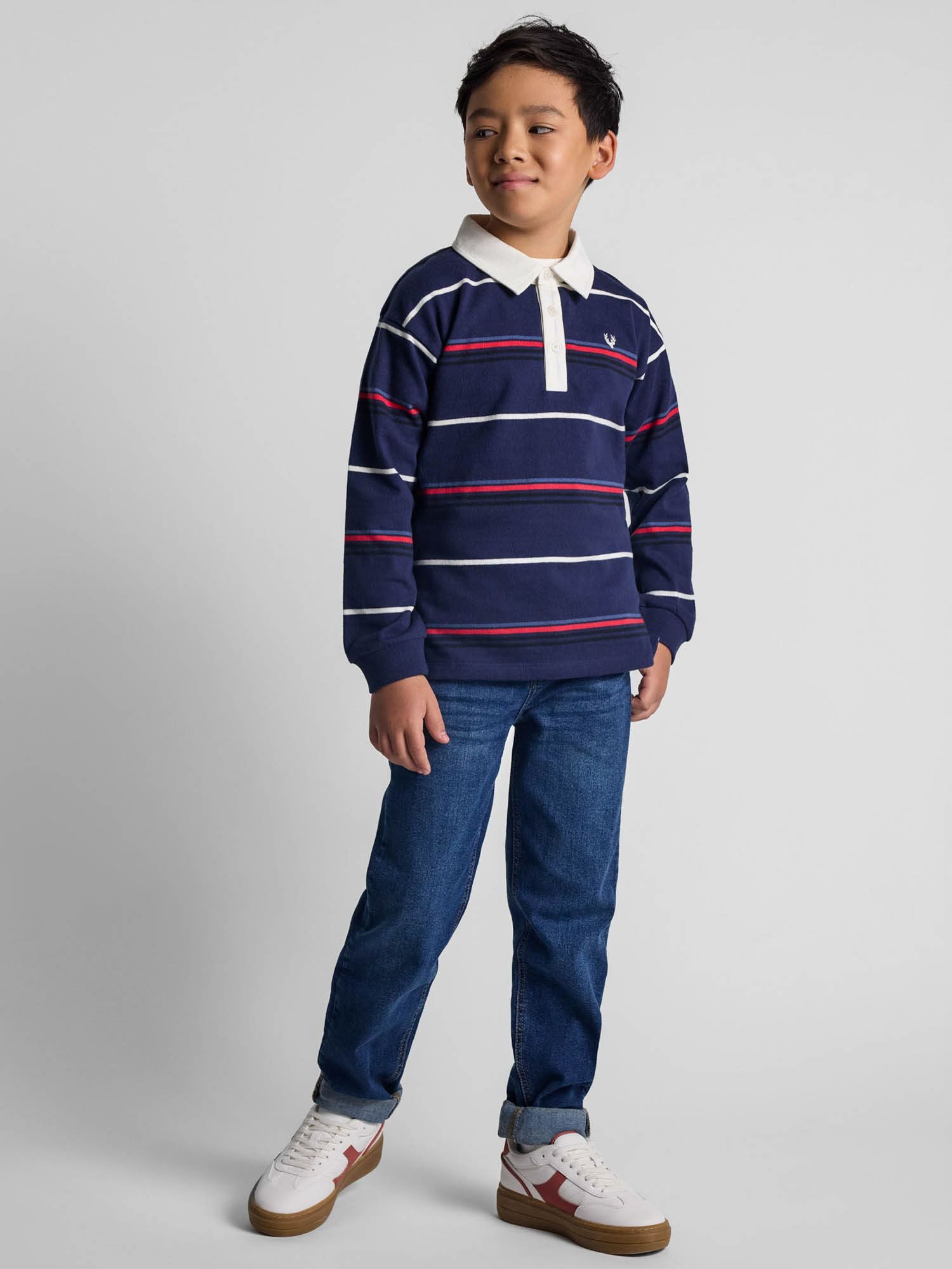 MINOTI Poloshirt Gestreiftes Langarmshirt mit Kragen und Stickerei (2y-14y) weißer Kragen