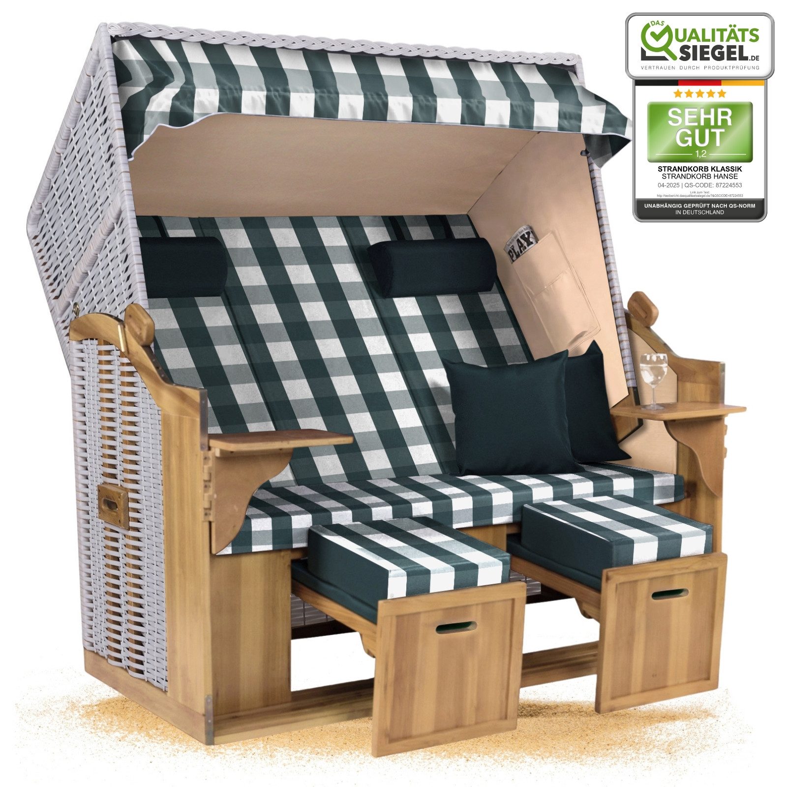 Strandkorb Hanse Strandkorb Strandkorb Ostsee XXL 2,5-Sitzer Volllieger Beige Grün, BxTxH: 150x80x160 cm, Ostsee XXL Volllieger, Ostsee 2,5-Sitzer Modell 2025, Stabiles Wacholder mit handgefertigtem Polyrattangeflecht