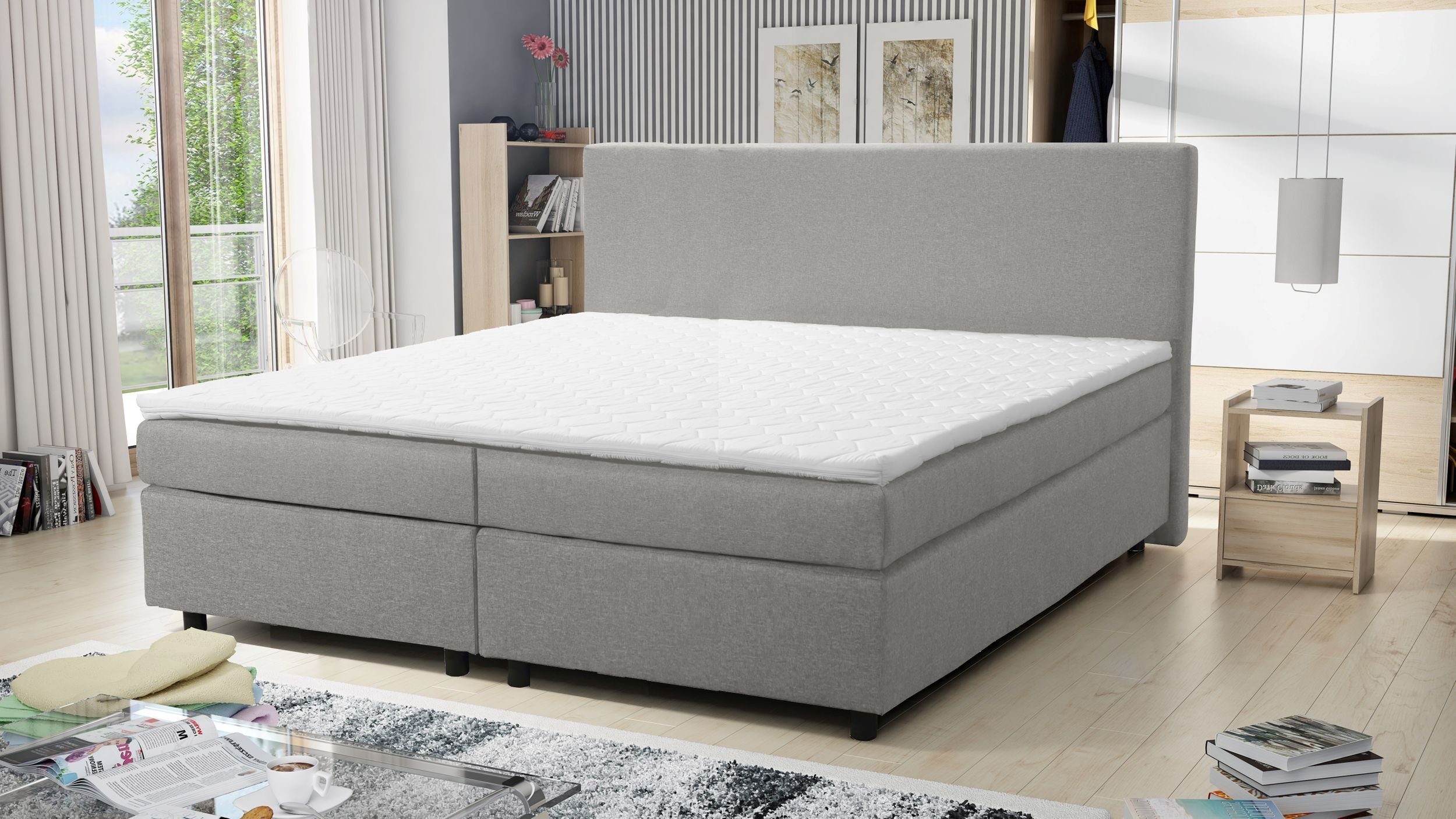 Topper hellgrau Bonellfederkern Boxspringbett Paxos Hotelbett 180x200 Bett 4 mit Küchen-Preisbombe