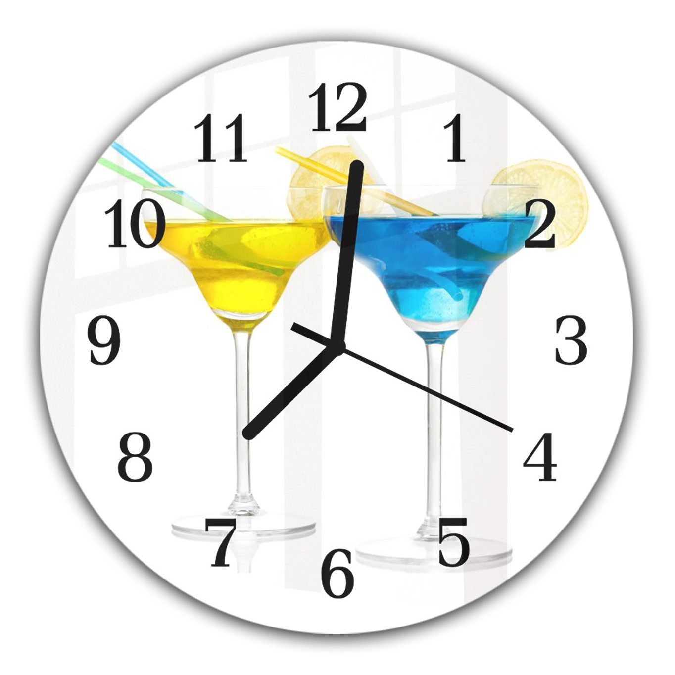 mit blaue Cocktails 30 cm - Glas Durchmesser und Motiv Wanduhr Wanduhr Rund Quarzuhrwerk Primedeco und Gelbe mit aus