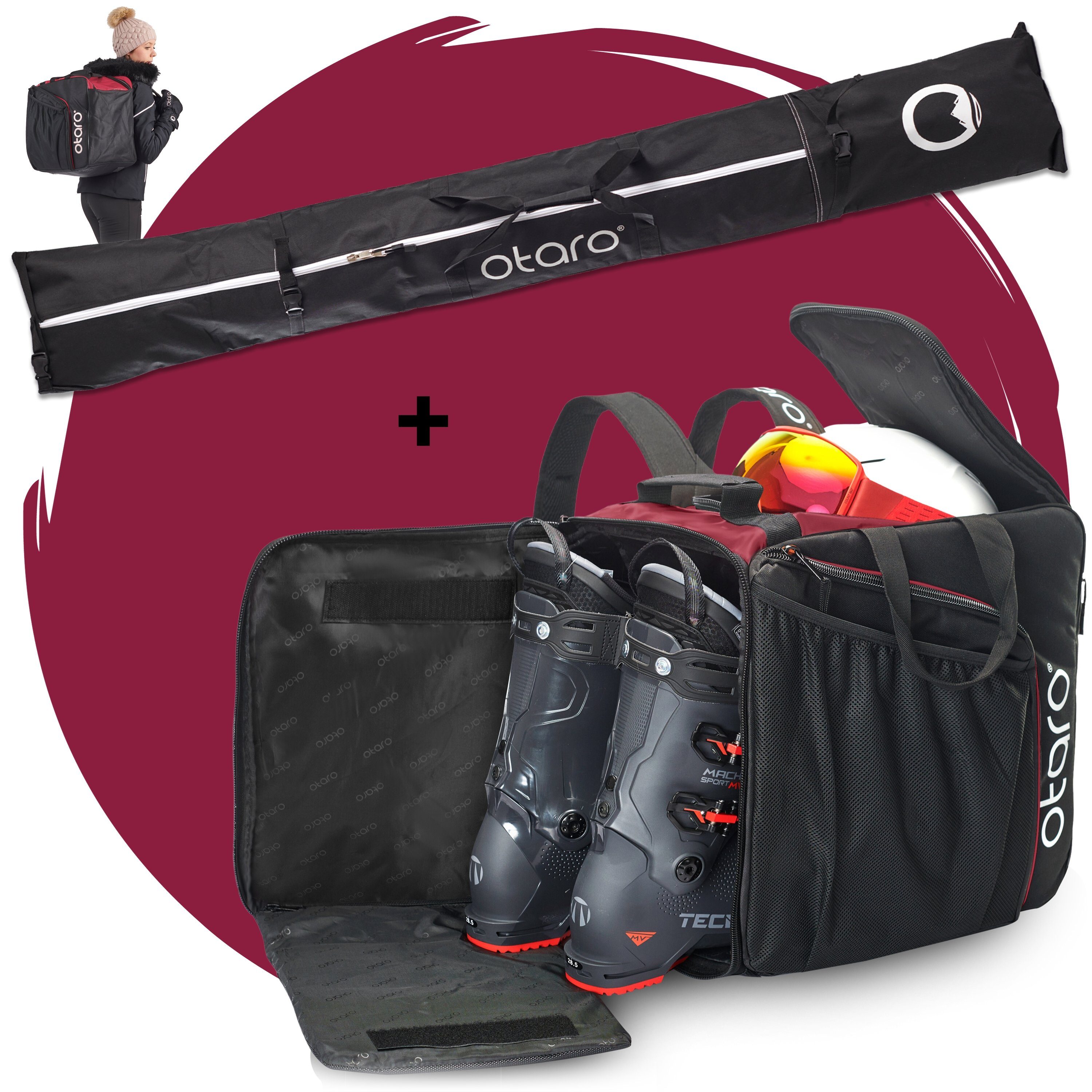 Otaro Sporttasche Set: Skischuhtasche & Skitasche, Pro-Set für 1 Paar Ski (Schutz für deine Ausrüstung, Perfekt durchdacht, ausklappbare Standfläche, für 1 Paar Ski + Stöcke) Schwarz Bordeauxrot