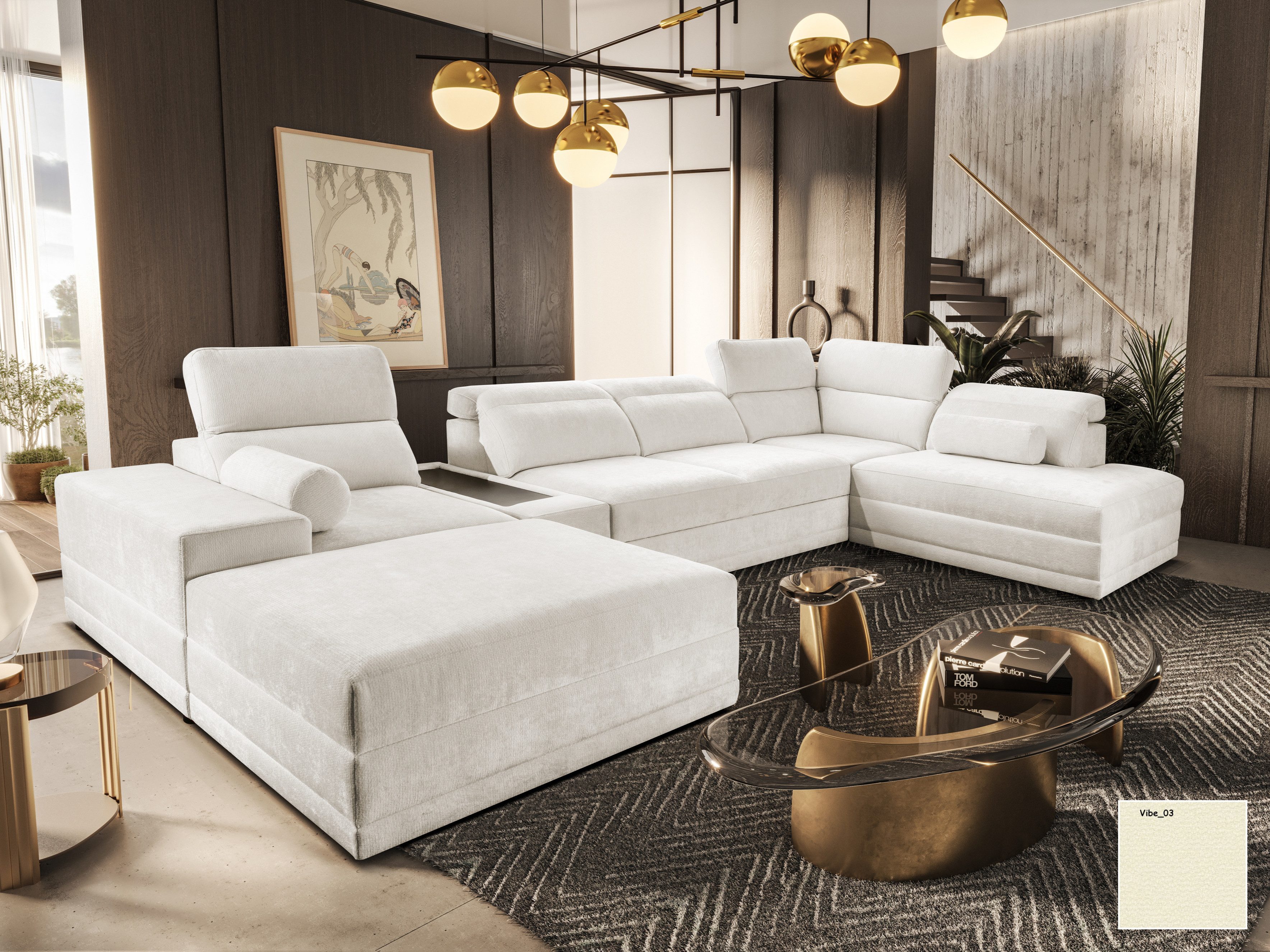 Möbel für Dich Wohnlandschaft Enzo 5 in U-Form mit Mittelkonsole und freistellbarem Hocker, mit Schlaffunktion, 2 Bettkästen und verstellbaren Kopfstützen