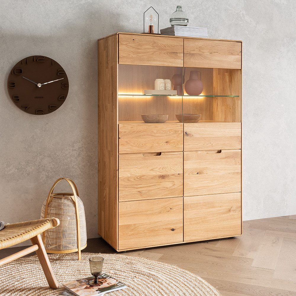 Lomadox Highboard WISLA-69, Eiche massiv, 100 cm, LED Beleuchtung, Softclose, montiert