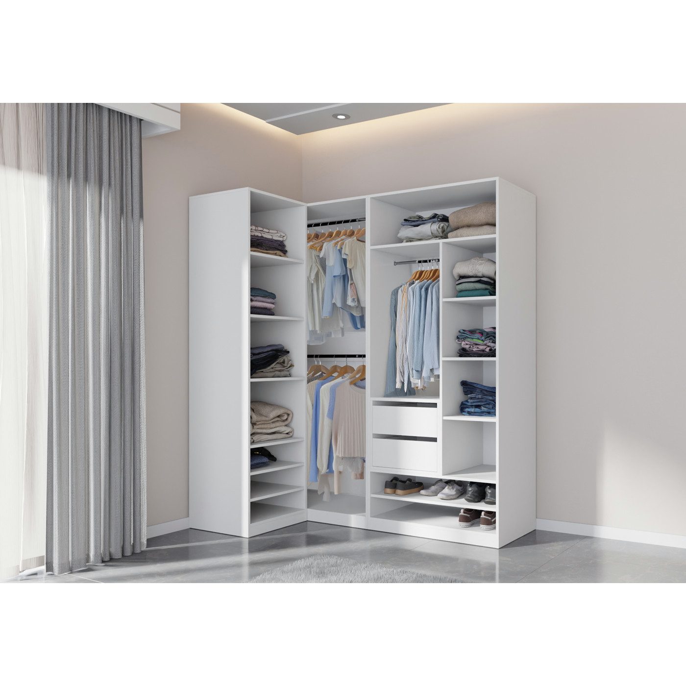 Marmex Möbel Schrank-Set TRES F/B großer offener Kleiderschrank mit Kleiderstangen Stauraum, (4-St), Garderobenschrank, mit Container 2 Schubladen