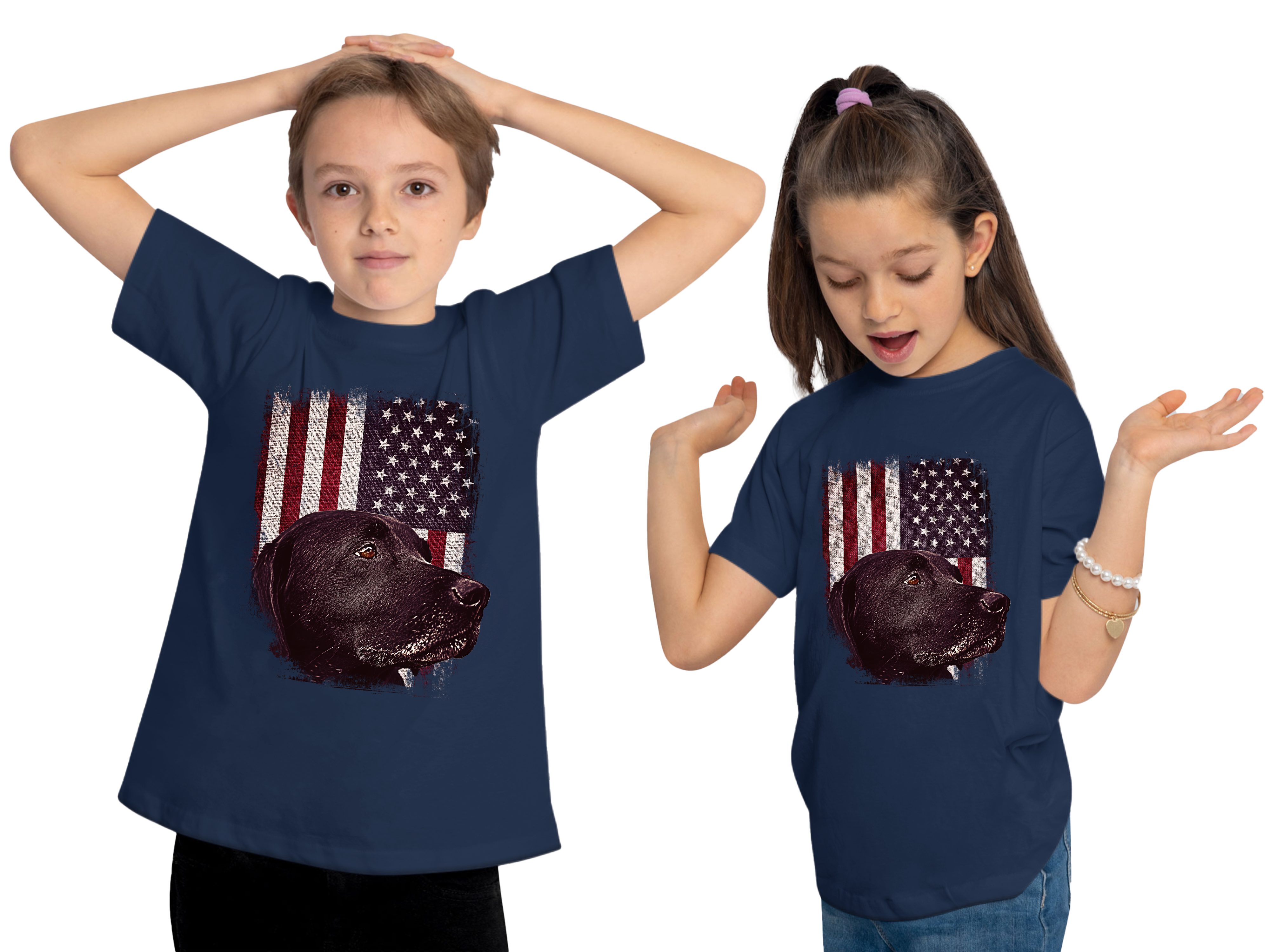 schwarzer Baumwollshirt - MyDesign24 Aufdruck, blau Shirt mit Hunde T-Shirt Print bedruckt vor Kinder navy Flagge i246 USA Labrador