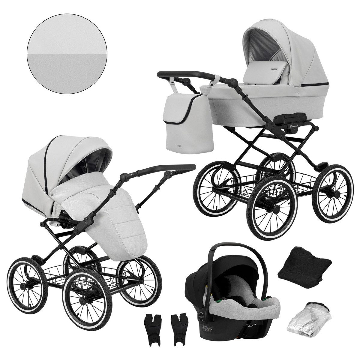 KUNERT Kombi-Kinderwagen Romantic 3-in-1 Öko-Leder Kinderwagen mit Cosmo Autositz, Große Tragewanne, stabiler Stahlrahmen, aufblasbare Räder