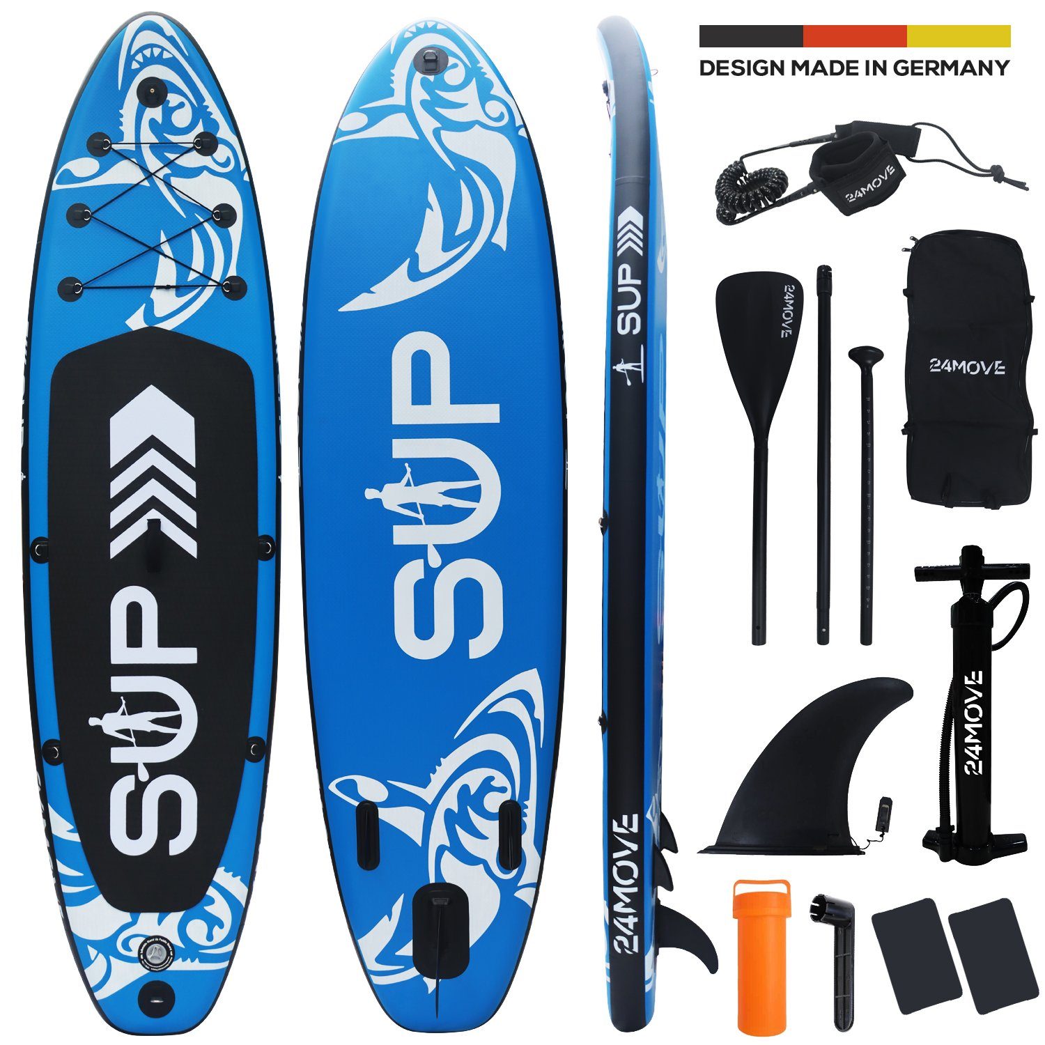 24Move SUP-Board Erwachsene, Paddel, Drop & Paddleboard inkl. 320x76, BLAU, Premium Stand Set, Pumpe, (Rucksack, Longboard, 180 Sicherungsleine, bis Cam Stich für tlg., und Anti-Rutsch ready, Kinder mit Up aufblasbar, kg), Oberfläche Supboard Action Doppelhub 6 Technologie Zubehör