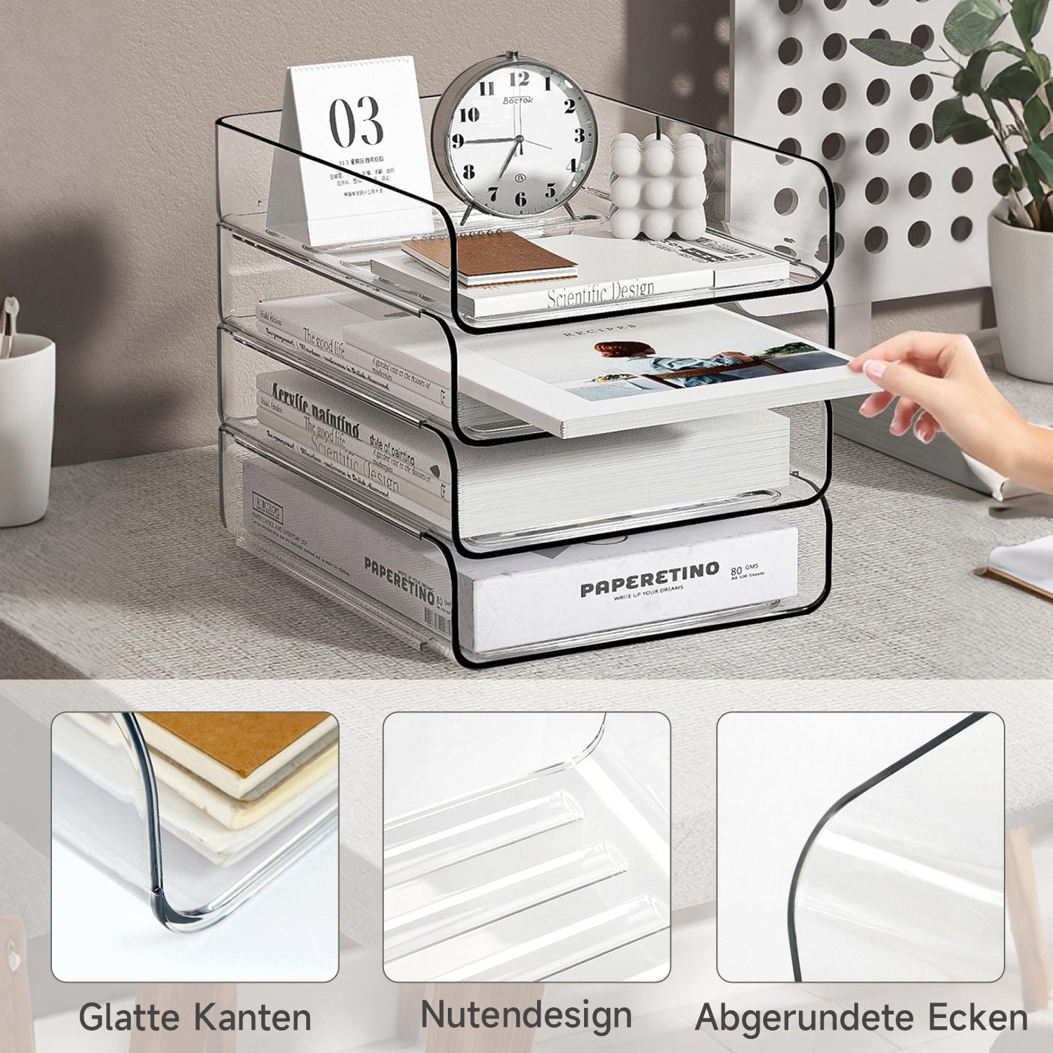 OSTWOLKE Briefablage Papierablage Dokumentenablage A4 stapelbare Schreibtisch Organizer, transparent, PET, 4 Fächer für Zuhause, Büro, Schule – Bild 5 von 5