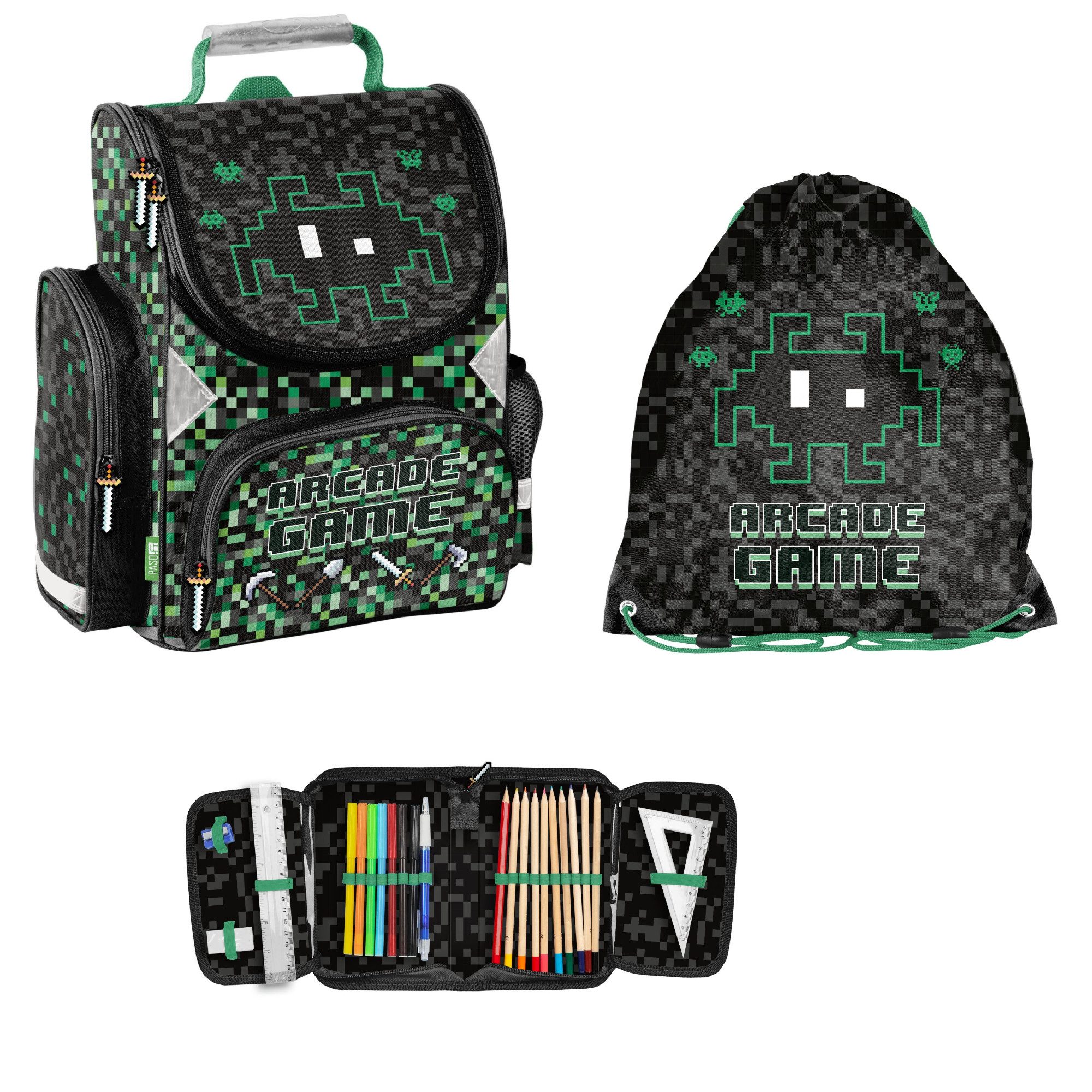 PASO Schulranzen mit Turnbeutel & befüllter Federmappe - Game (Set, 3-Tlg)