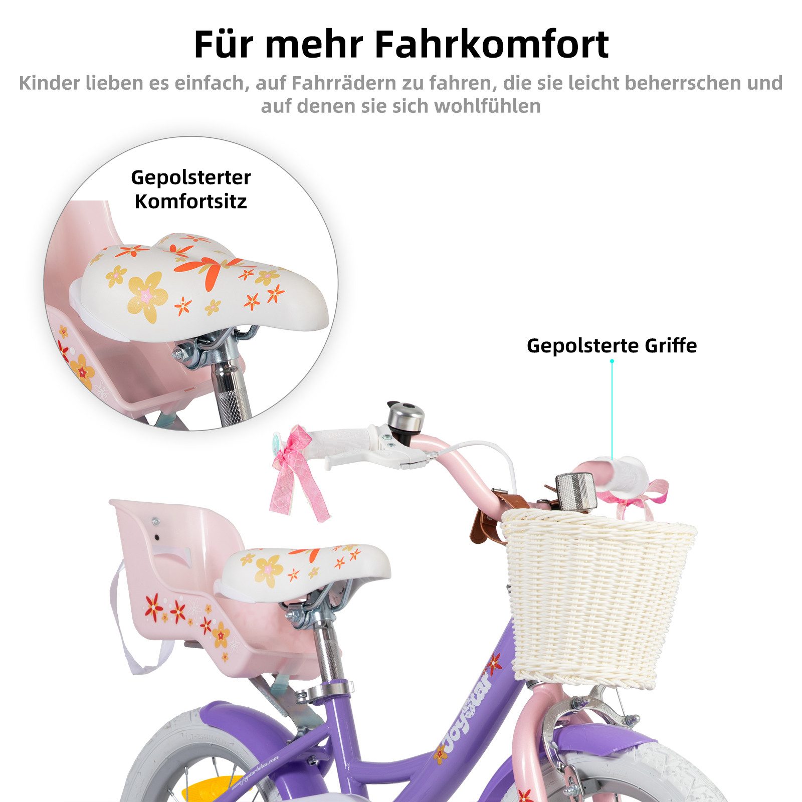 JOYSTAR Kinderfahrrad 12 14 16 18 Zoll Mädchenfahrrad, 2-9 Jahre, Geschenk für Prinzessin, 1 Gang, Puppenradsitz & Stützrädern& Korbstreamer, 18 Zoll mit Stützr – Bild 5 von 5