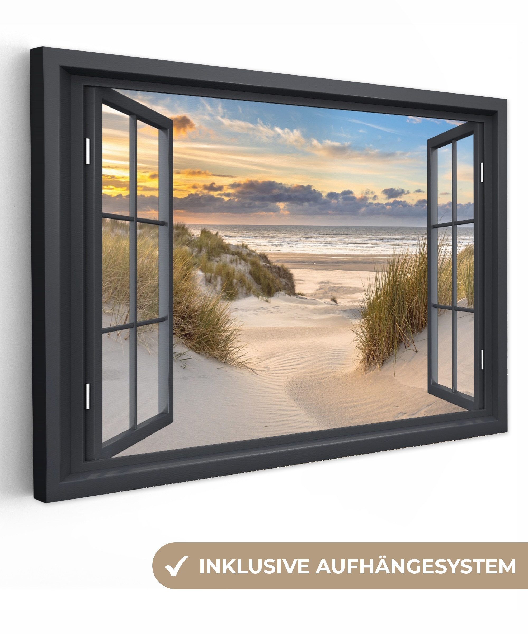 OneMillionCanvasses® Leinwandbild Aussicht - Strand - Dünen - Natur - Ländlich - Fenster, Fotodruck (1 St), Leinwand Bilder Klein, Wand Dekoration Aesthetic 30x20 cm