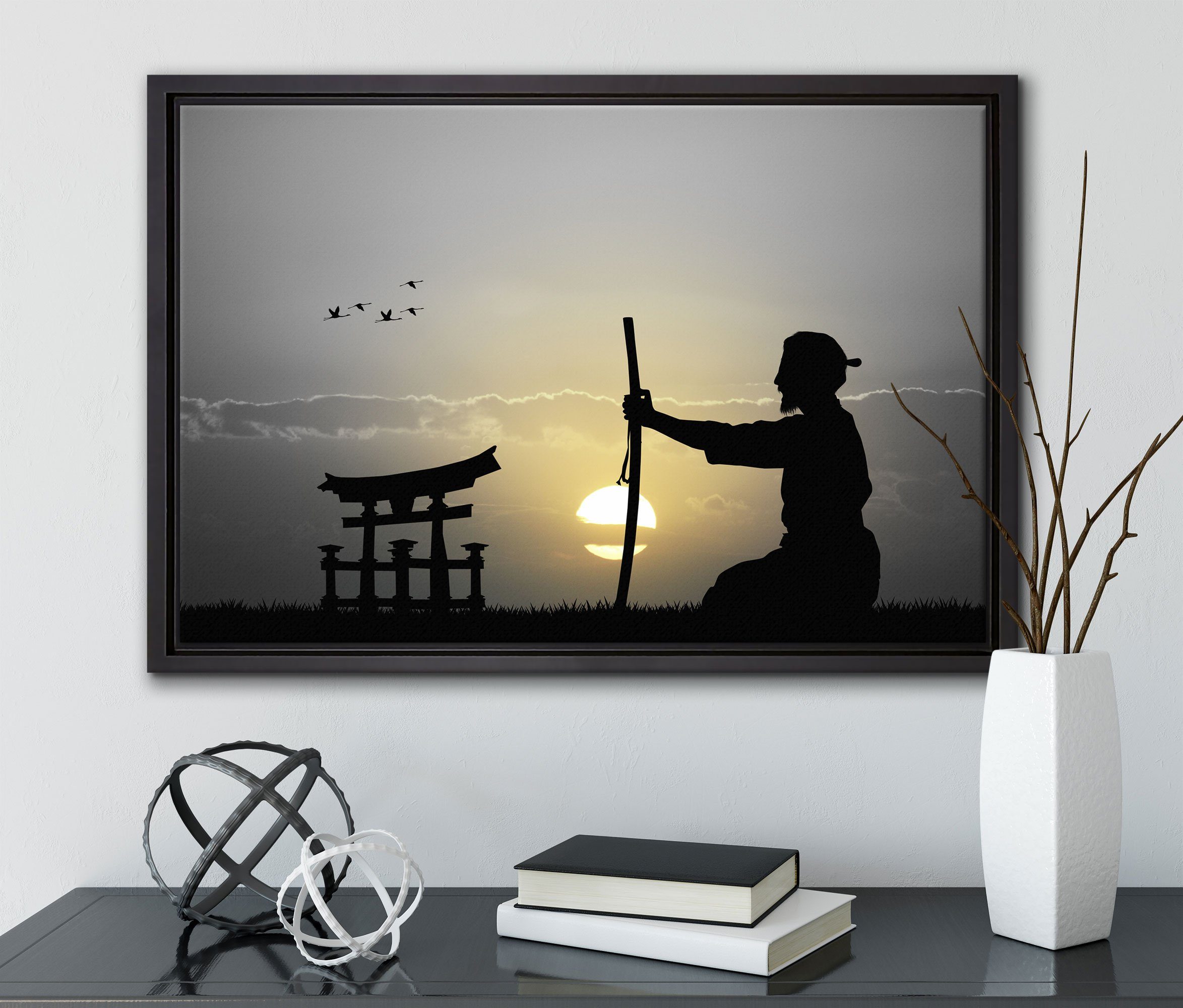 Pixxprint Leinwandbild einem St), Samurai-Meister Horizont, in Leinwandbild Wanddekoration inkl. vor fertig (1 gefasst, Zackenaufhänger Schattenfugen-Bilderrahmen bespannt