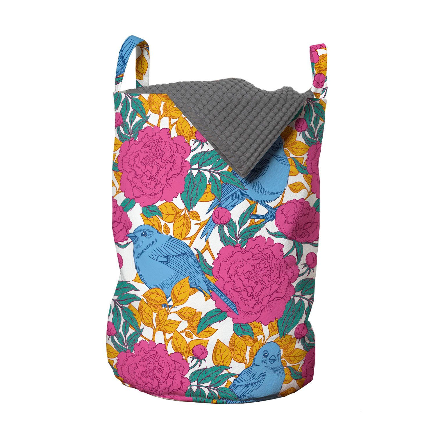 Abakuhaus Wäschesäckchen Wäschekorb mit Griffen Kordelzugverschluss für Waschsalons, Vogel Frühlings-Pfingstrosen-Blüten-Blätter