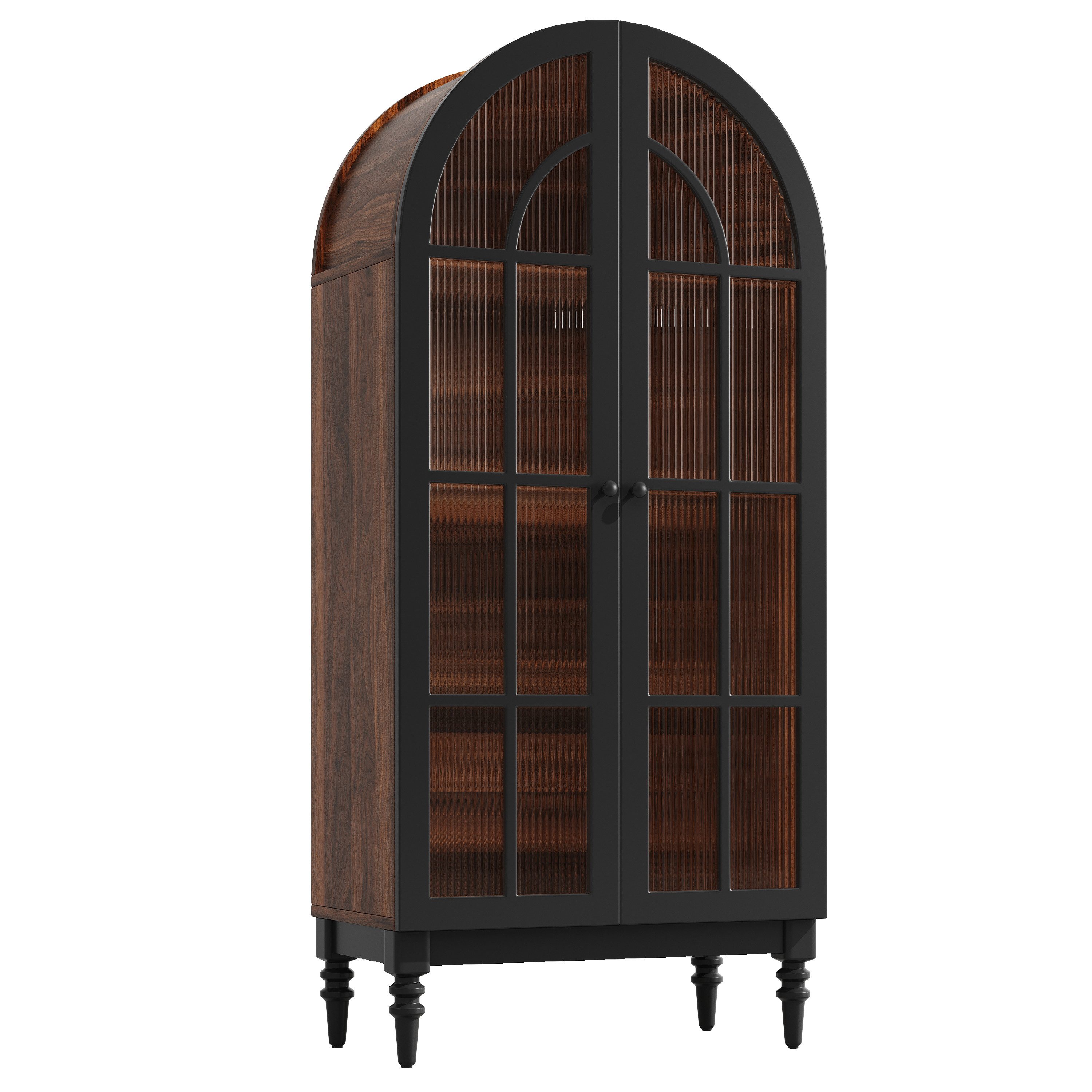 Flieks Hochschrank Bogen-Mehrzweckschrank mit Glastüren (Aufbewahrungsschrank mit Bogenform für Wohn- und Schlafzimmer, 1-St., B76/T38,5/H165 cm) Glasvitrine mit 4 Fächern Sideboard Holzoptik, Walnussfarbe & Schwarz