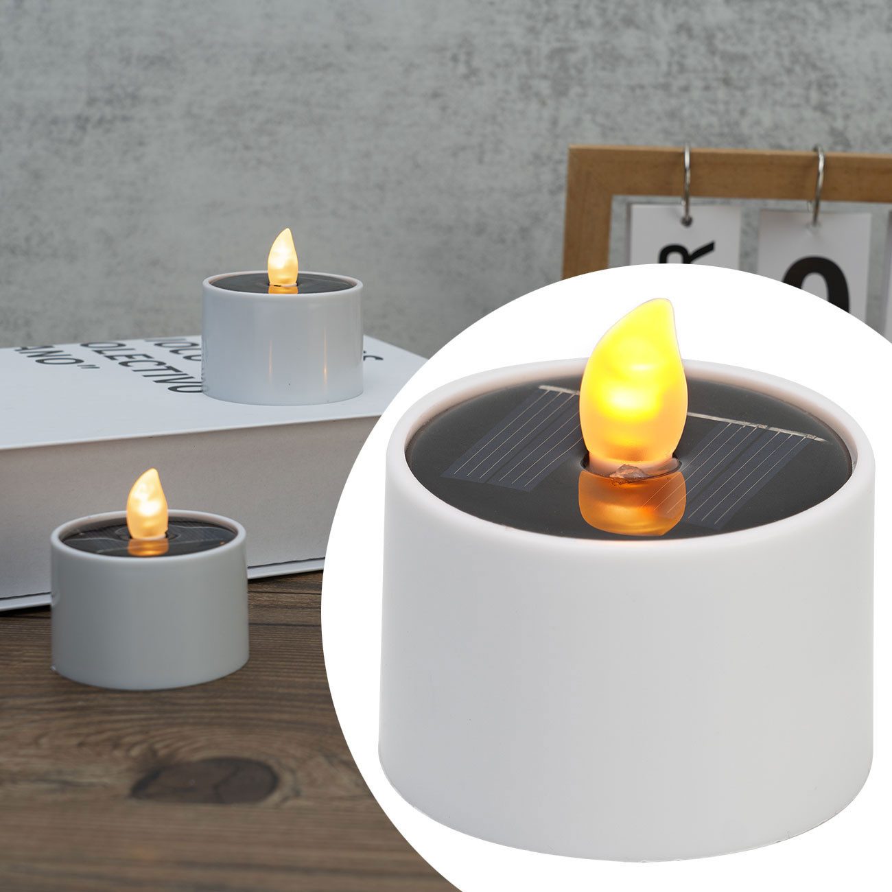Casativo LED-Teelichter Solar-LED Teelichter IP44 bis 8 St. mit Dämmerungssensor Kabellos, LED fest integriert, warmweiß, Flammen-Effekt als Nachtlicht, ca. 8 Std. Leuchtdauer, Tagesaufladung