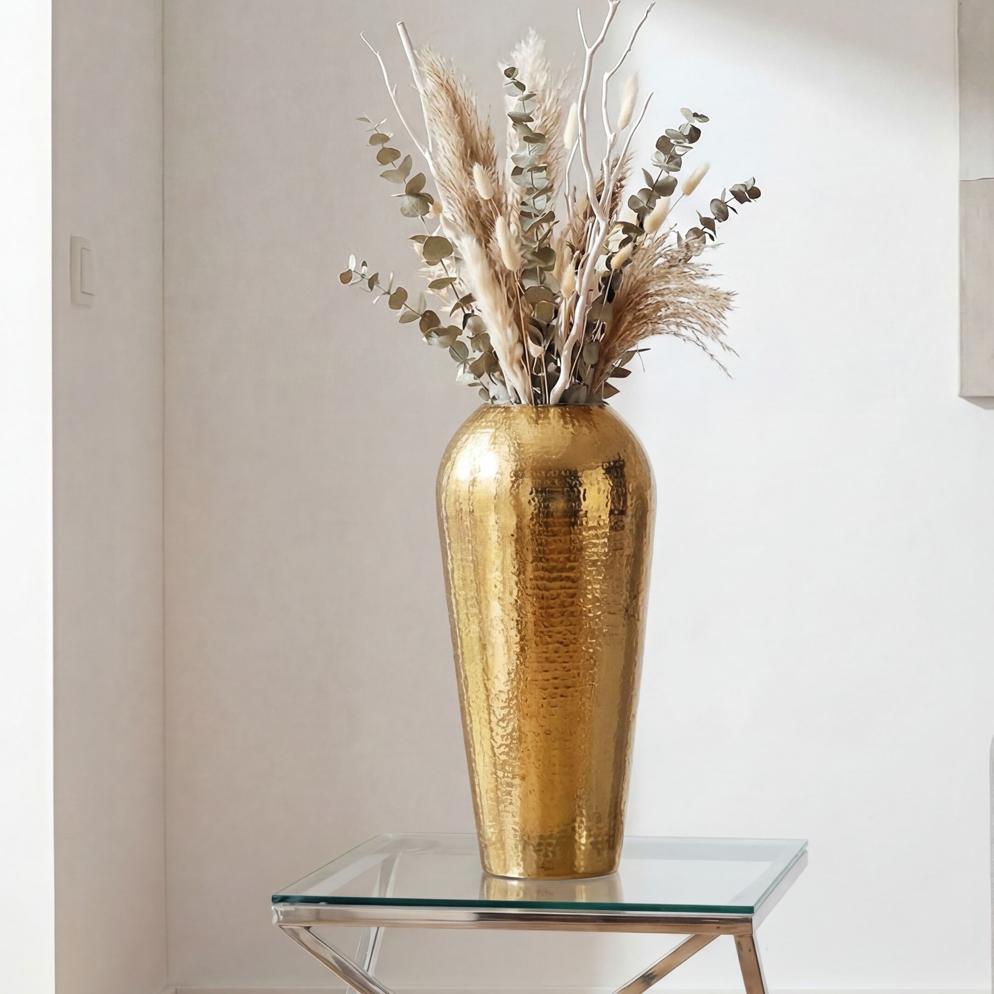 FINEBUY Dekovase FB76598 Vase 50 cm Aluminium Gold Blumenvase Wohndeko Groß Rund (Elegante Metallvase mit strukturierter Oberfläche), Komplett aus robustem Aluminium gefertigt