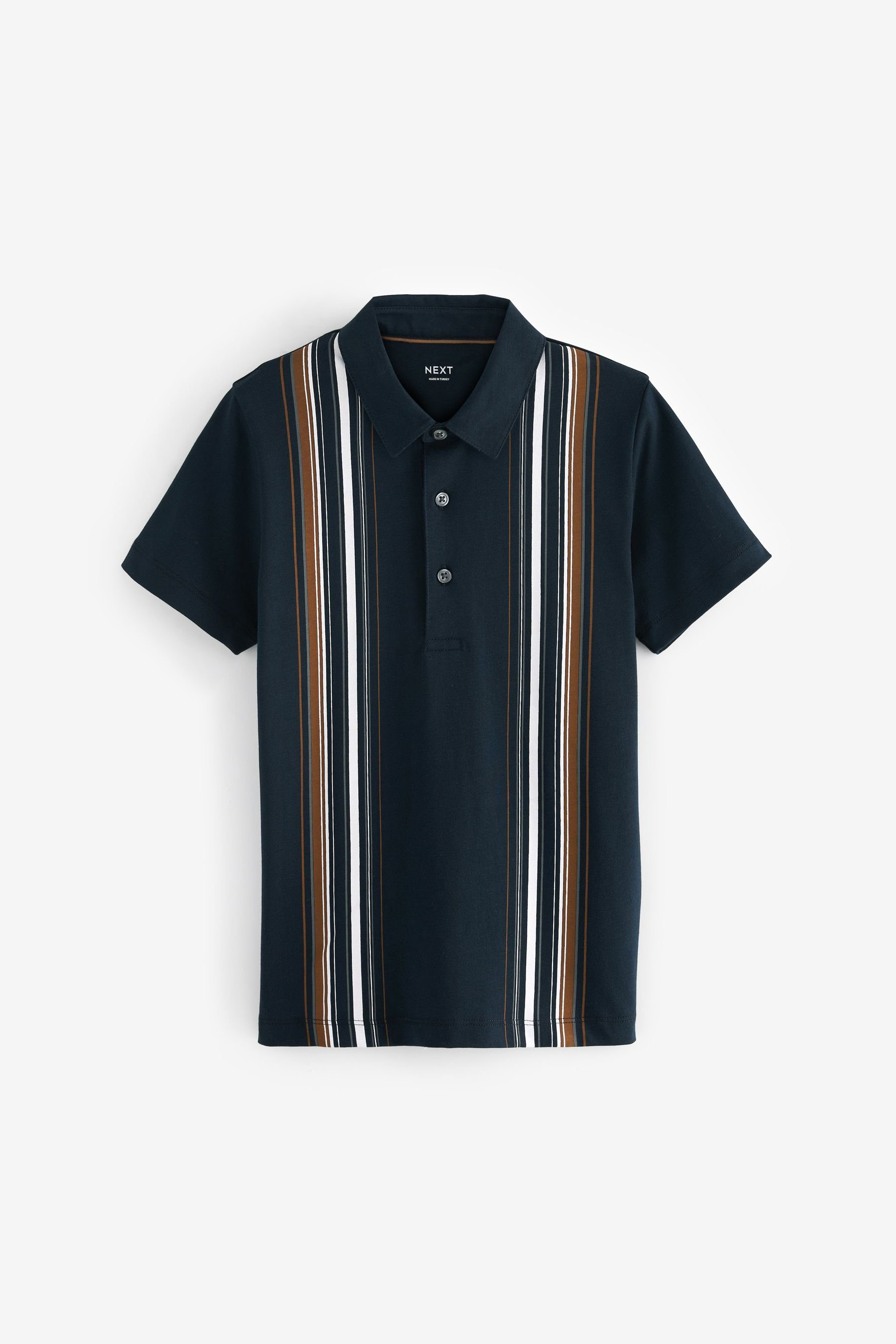 Next Poloshirt Kurzärmeliges Polohemd mit Reißverschluss (1-tlg) Navy Blue/Tan Vertical Stripe