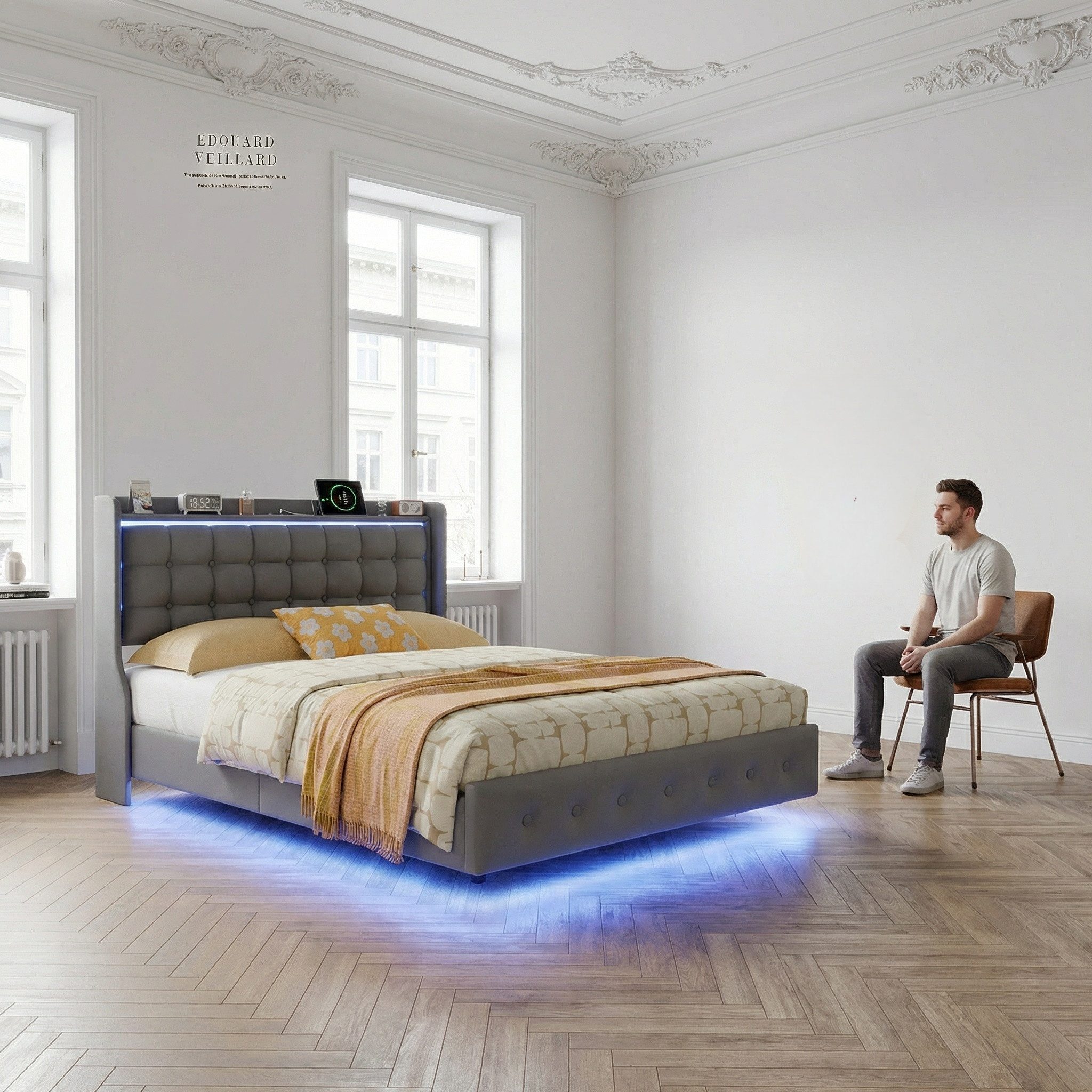 Furnishings Home Polsterbett Doppelbett Jugendbett mit LED-Licht (Mit Komforthöhe Lattenrost, Leises Design Bett), Samtmaterial Polsterbett mit RGB Beleuchtung – Bild 3 von 5