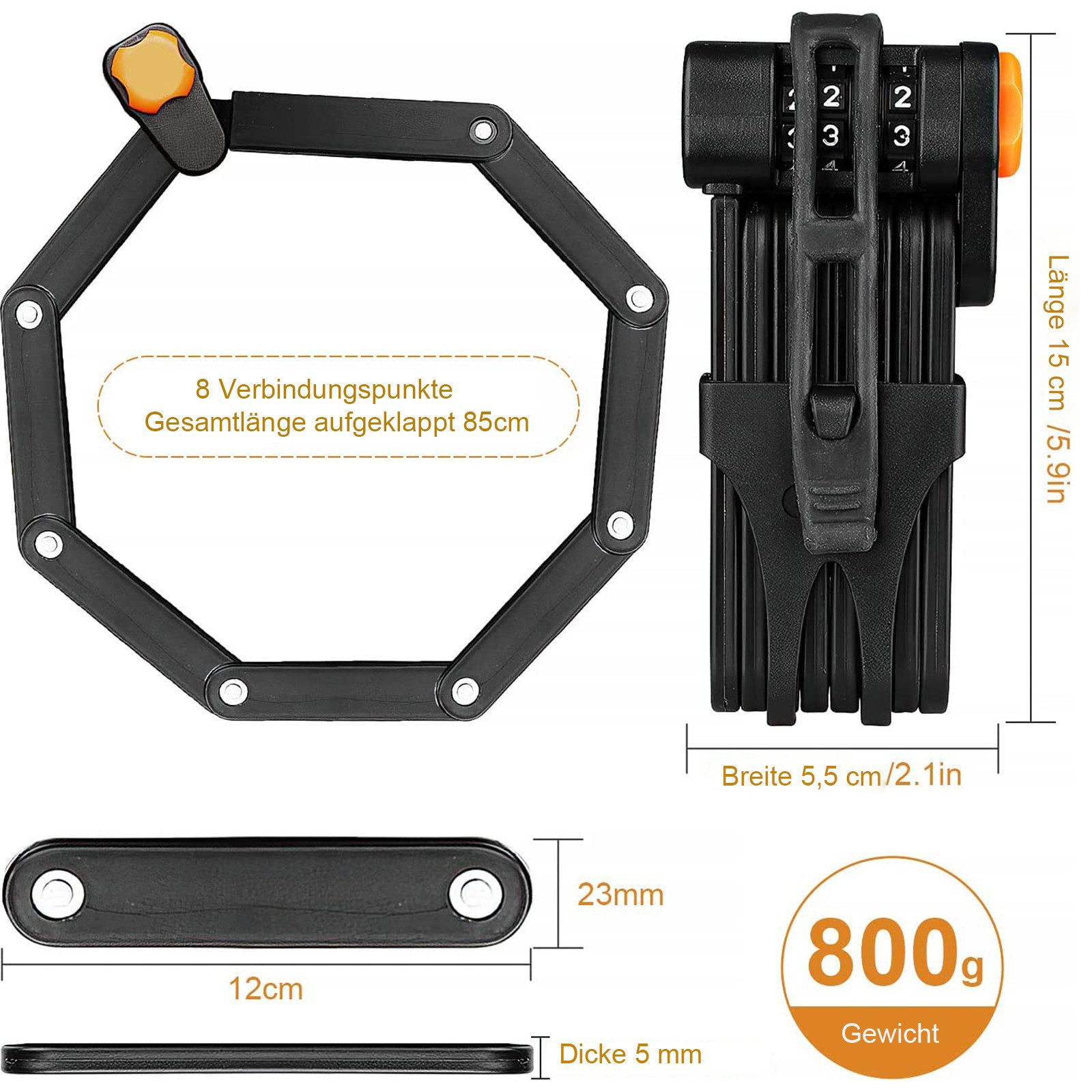 AIMAX Faltschloss Fahrrad Faltschloss mit Halterung (Packung, mit Halterung, Befestigungsmaterial und 4-stelligem Zahlenschloss), aus gehärtetem Stahl, 8 Gelenke für flexible Anwendung