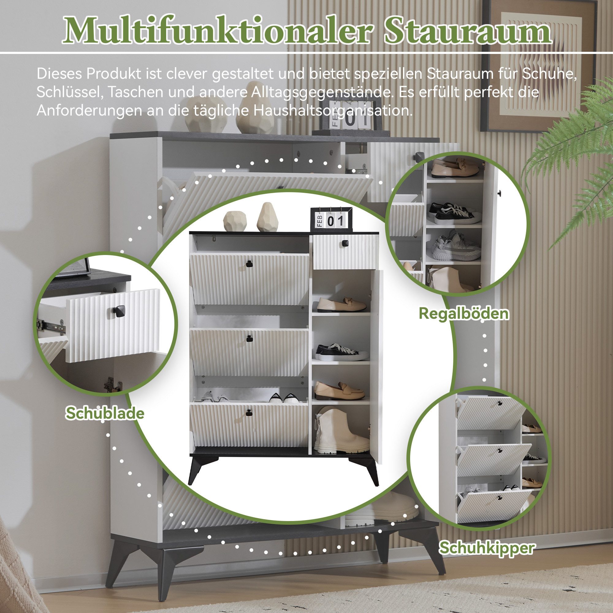 Furnishings Home Schuhschrank Schuhschrank mit 3 Klappen, 1 Schublade und 1 Tür, Schuhregal (1-St) Weiß /Schwarz Maße: H 121 cm / B 90 cm / T 25 cm