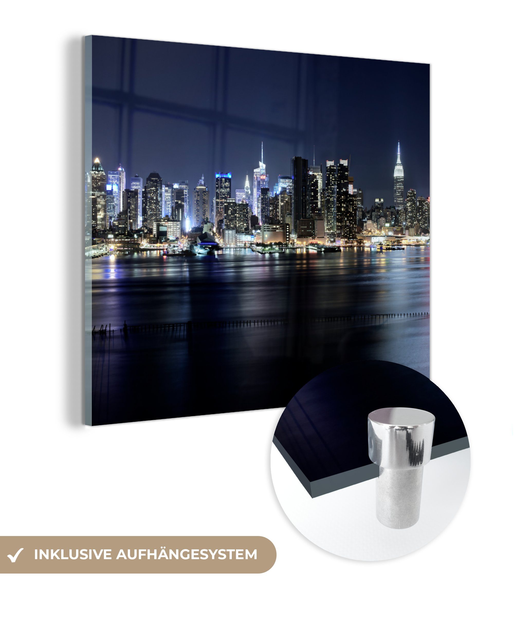 MuchoWow Acrylglasbild New York - Licht - Skyline, Inkl. Aufhängung, Bilder auf Glas Wandbild, Wanddeko Wohnzimmer Badezimmer, 20x20 cm