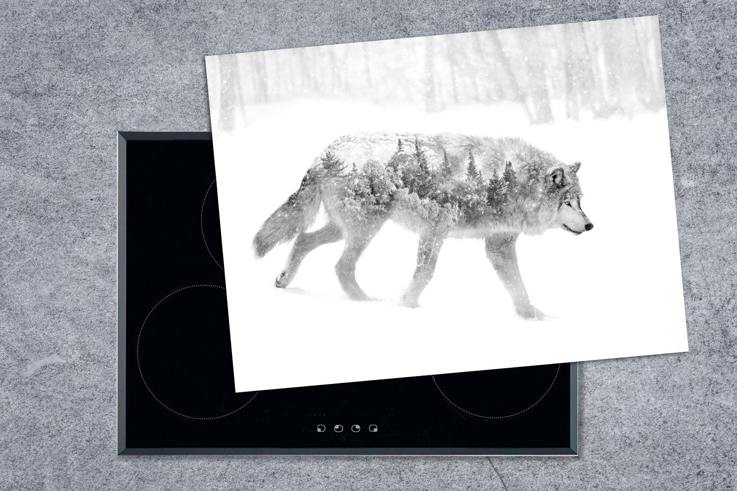 schwarz weiß, Ceranfeldabdeckung (1 Herdblende-/Abdeckplatte nutzbar, Doppelbelichtung - MuchoWow Wolf Arbeitsfläche Vinyl, und Mobile 70x52 tlg), cm,