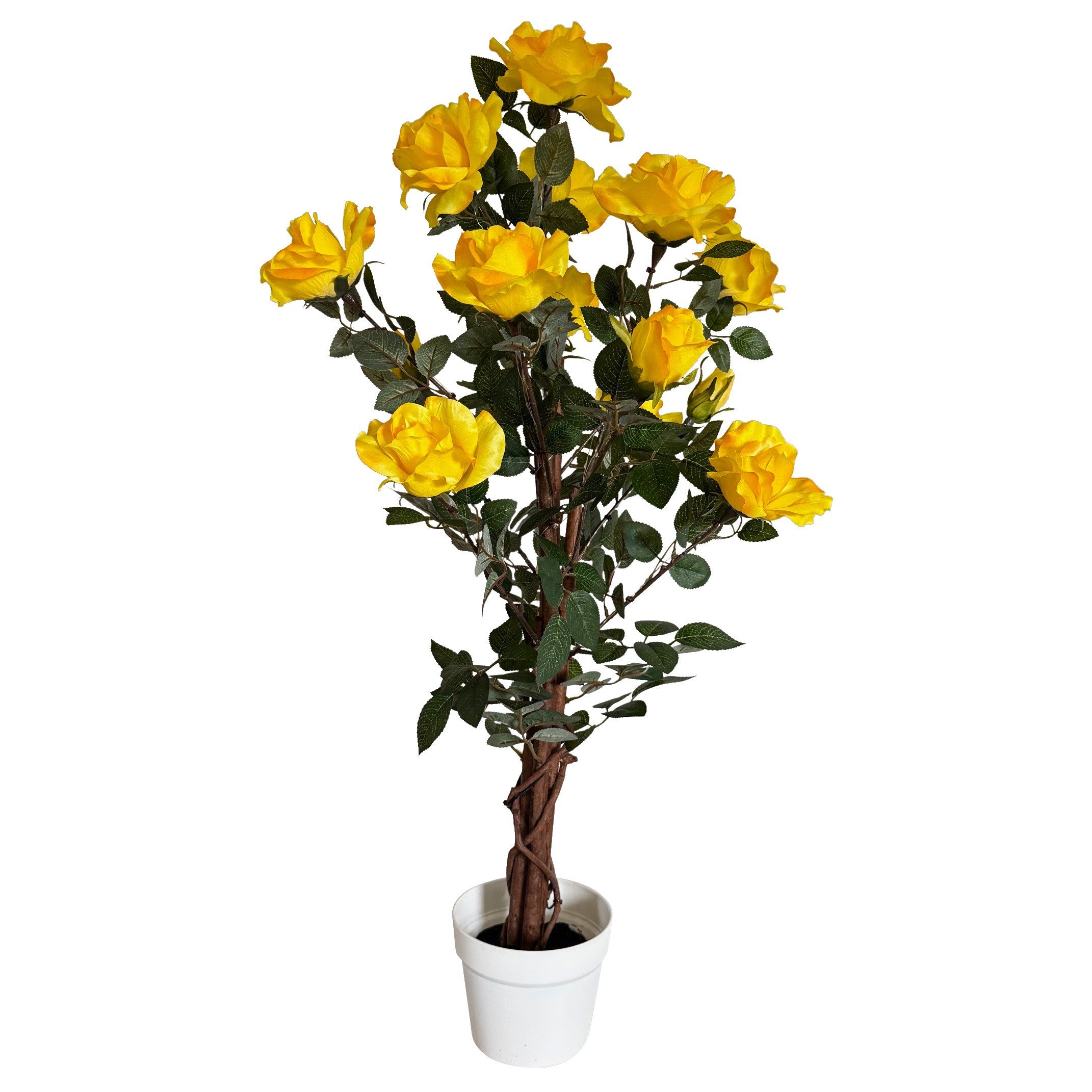 Kunstblume Rosenbaum mit LED-Lichterkette - Künstliche Blumen, Pflanzen im Topf, Rosen, wie echt - 2.0, Online-Fuchs, für den geschützten Außenbereich - 6-Stunden Timer - 92 cm groß