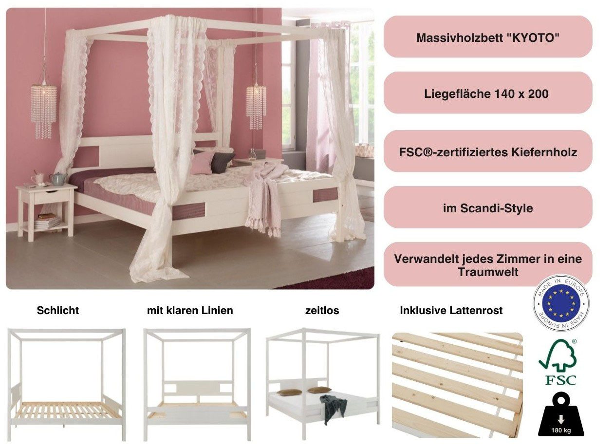OTTO home Massivholzbett "KYOTO" Himmelbett, hohe Belastbarkeit bis 180 kg, aus zertifiziertem Massivholz