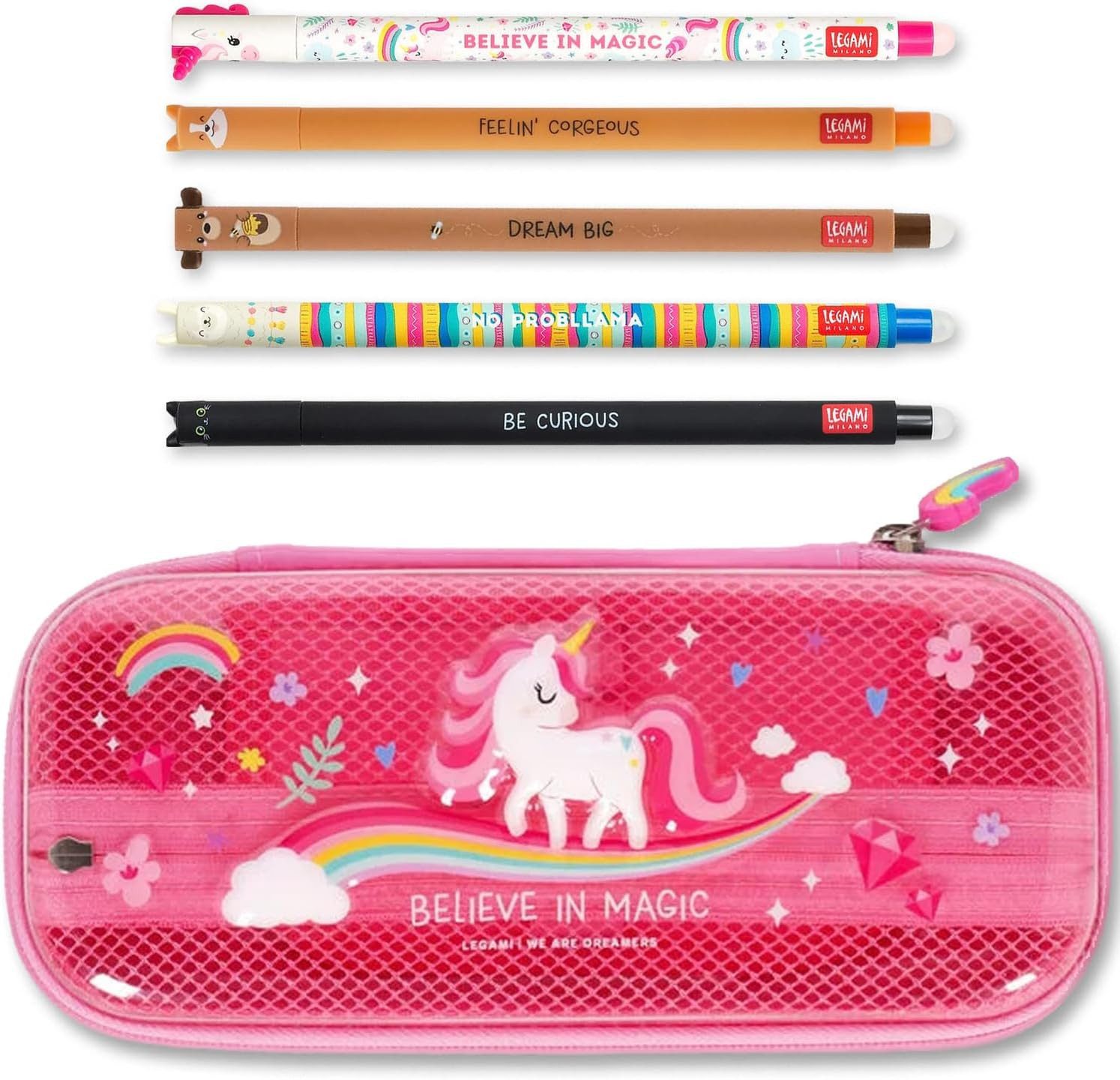 Legami Federmäppchen WonderWow Federmäppchen & radierbarer Stift, Set mit 5 Stiften